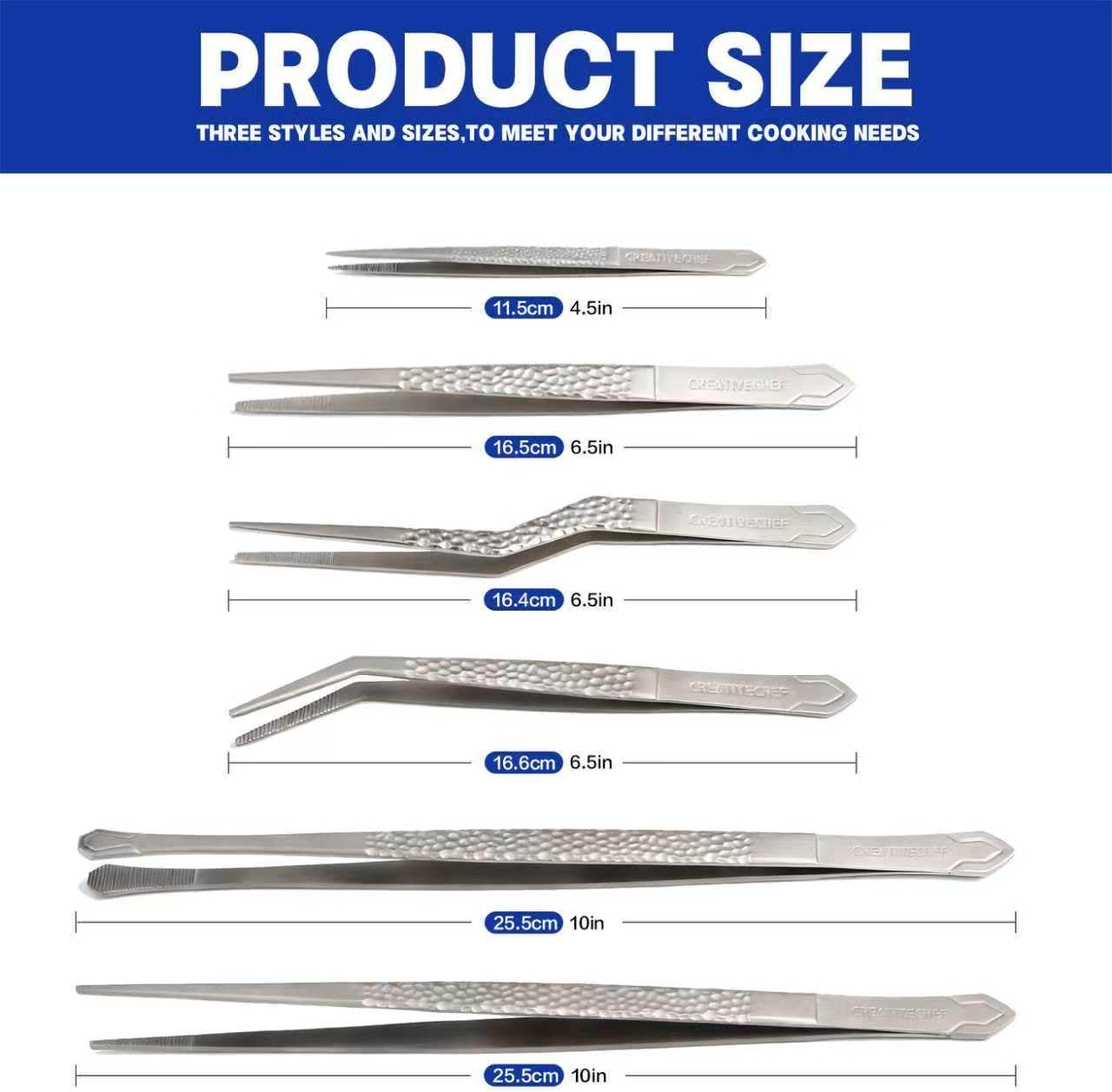 CREATIVECHEF Culinary Tweezers | High Precision Titanium Tweezer Set | 6pcs Cooking Tweezers in a Beautiful Box | Cooking Chef Tools | Food Styling | Plating & Cooking | Lightweight version | Silver