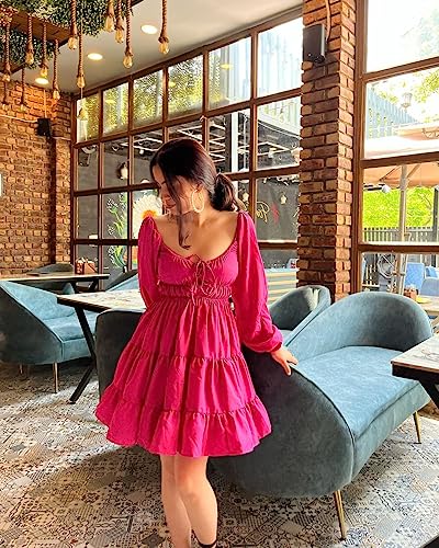 Image of Tandul Women Fit and Flare Dress Above Knee /Mid Thigh Length Casual Pink Crepe Dress, (6583)