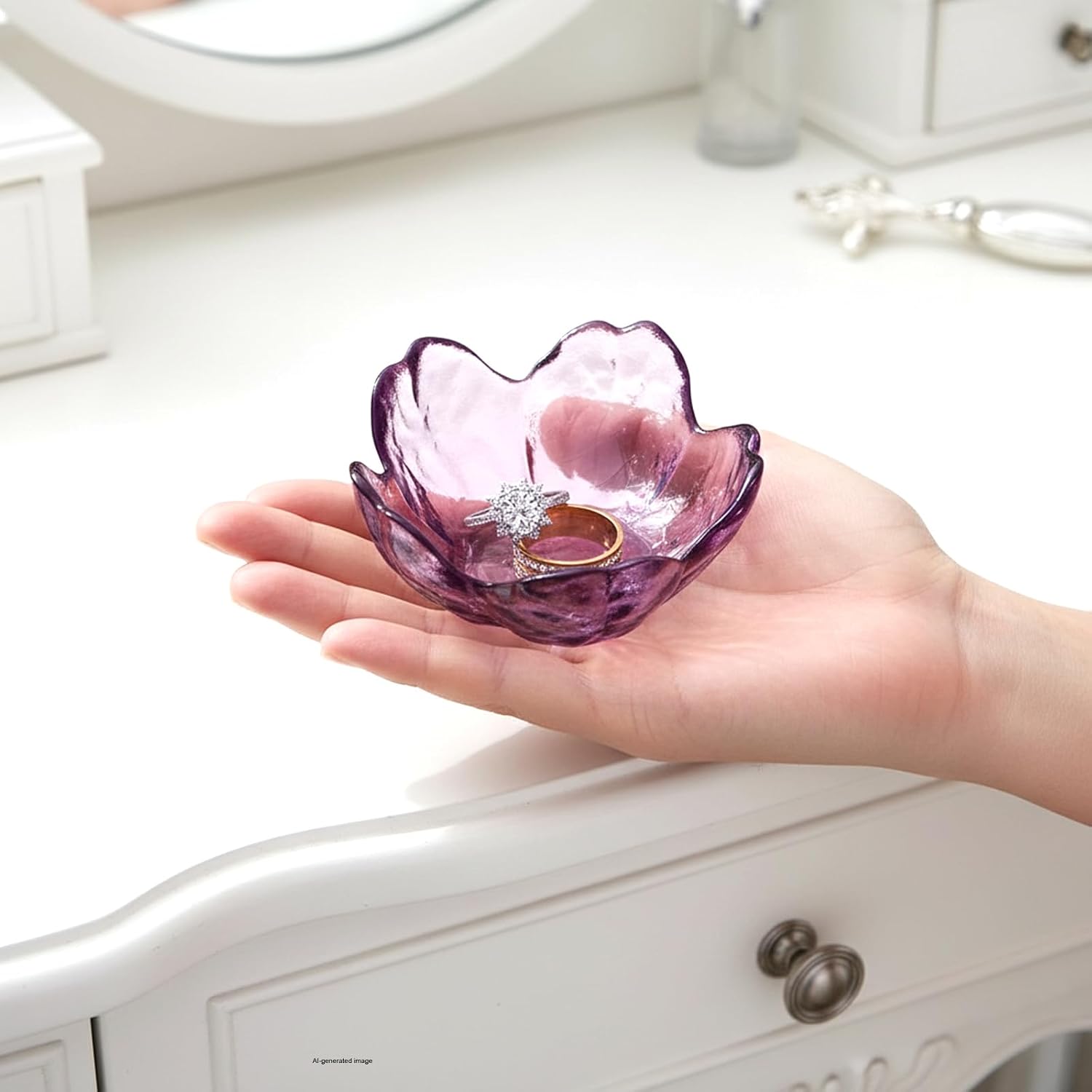 Amethyst Flower Ring Dish Jewelry Tray, Decorative Glass Trinket Dish, Modern Accent Tray for Vanity