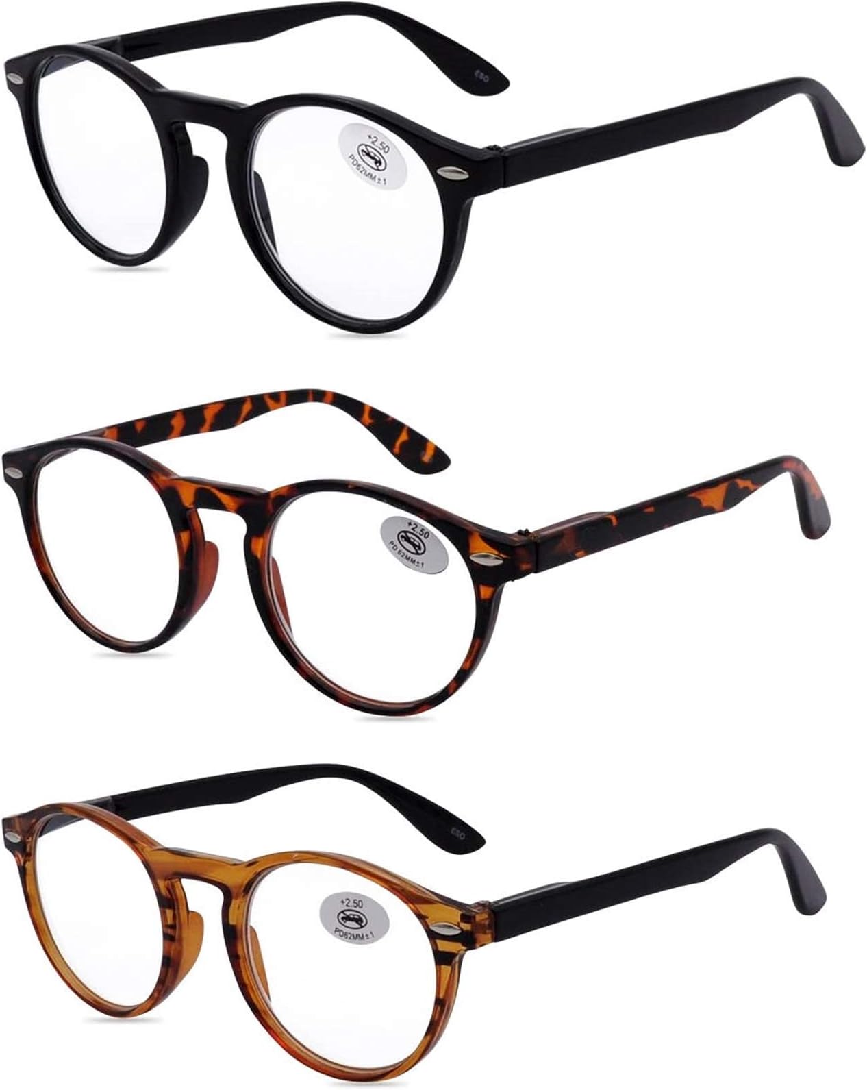 Reading Glasses 3 Pack for Men and Women,Retro Round Spring Hinges Frame Readers,3 Colors with Gift Packing,Glasses for Reading +3.00