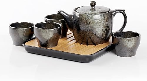 Hannah Choice Juego de té japonés de cerámica, juegos de té negro con 1 tetera, 4 tazas de té, 1 bandeja de té, 1 infusor de acero inoxidable,