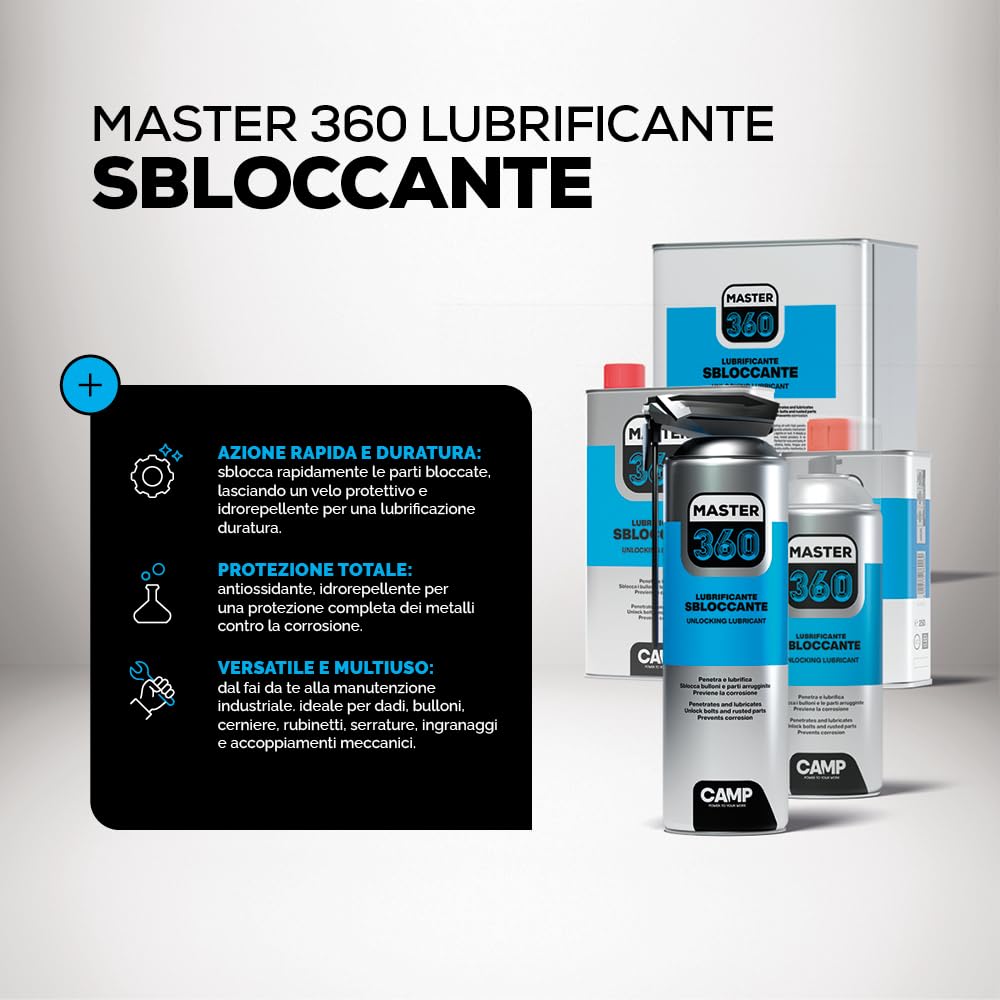CAMP Master 360- Lubrificante Supersbloccante Spray Elevato Potere Penetrante, Ottimale per Lubrificare Viti Bulloni e Dadi, Protegge da Umidità, Ruggine e Congelamento, 6x400ml