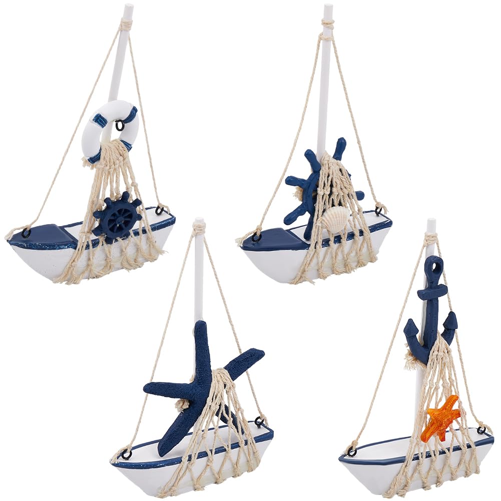 GORGECRAFT 4Pcs Mini Sailboat Model Decoration Wooden Miniature Sailing Boat Home Decor Set Beach Nautical Design Marine Blue and White Desktop Ocean Landscape Ornament for Bathroom Bedroom