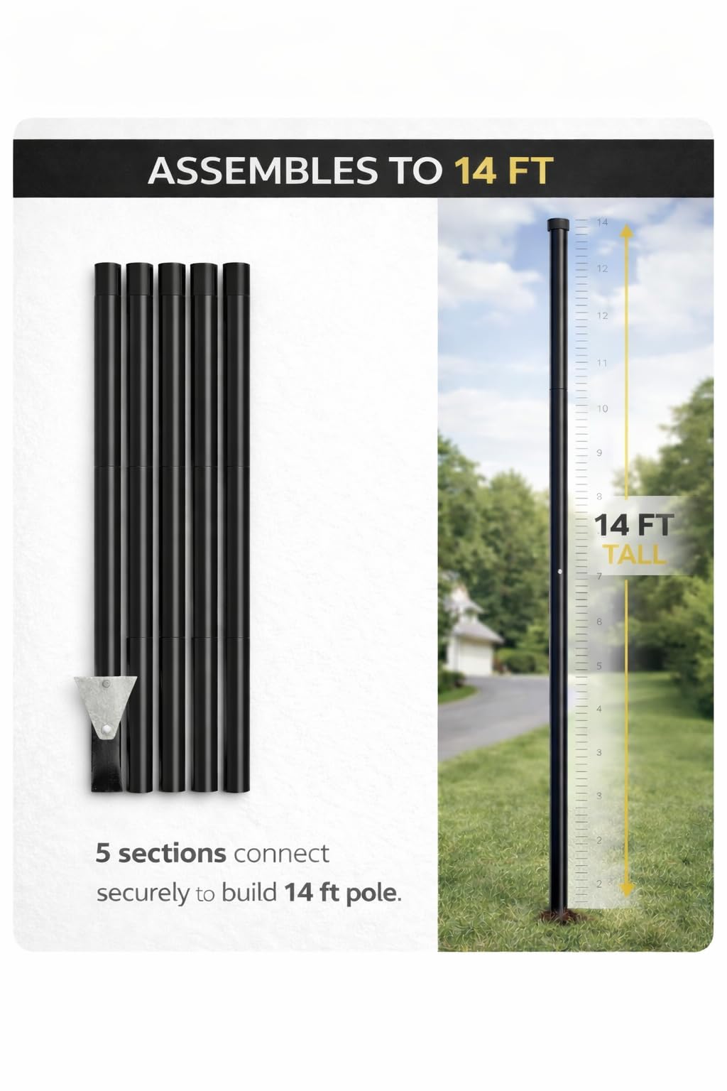 InstaPole 14FT Adjustable Ground Mount Pole Kit for Solar Lights, String Lights, Security Cameras & Signs, Heavy Duty Galvanized Steel, Drive-in Installation, No Digging or Concrete