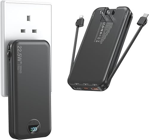 Cargador portátil con enchufe de pared, cargador de batería USB C de 12000 mAh de carga rápida, batería externa con cables integrados, pantalla