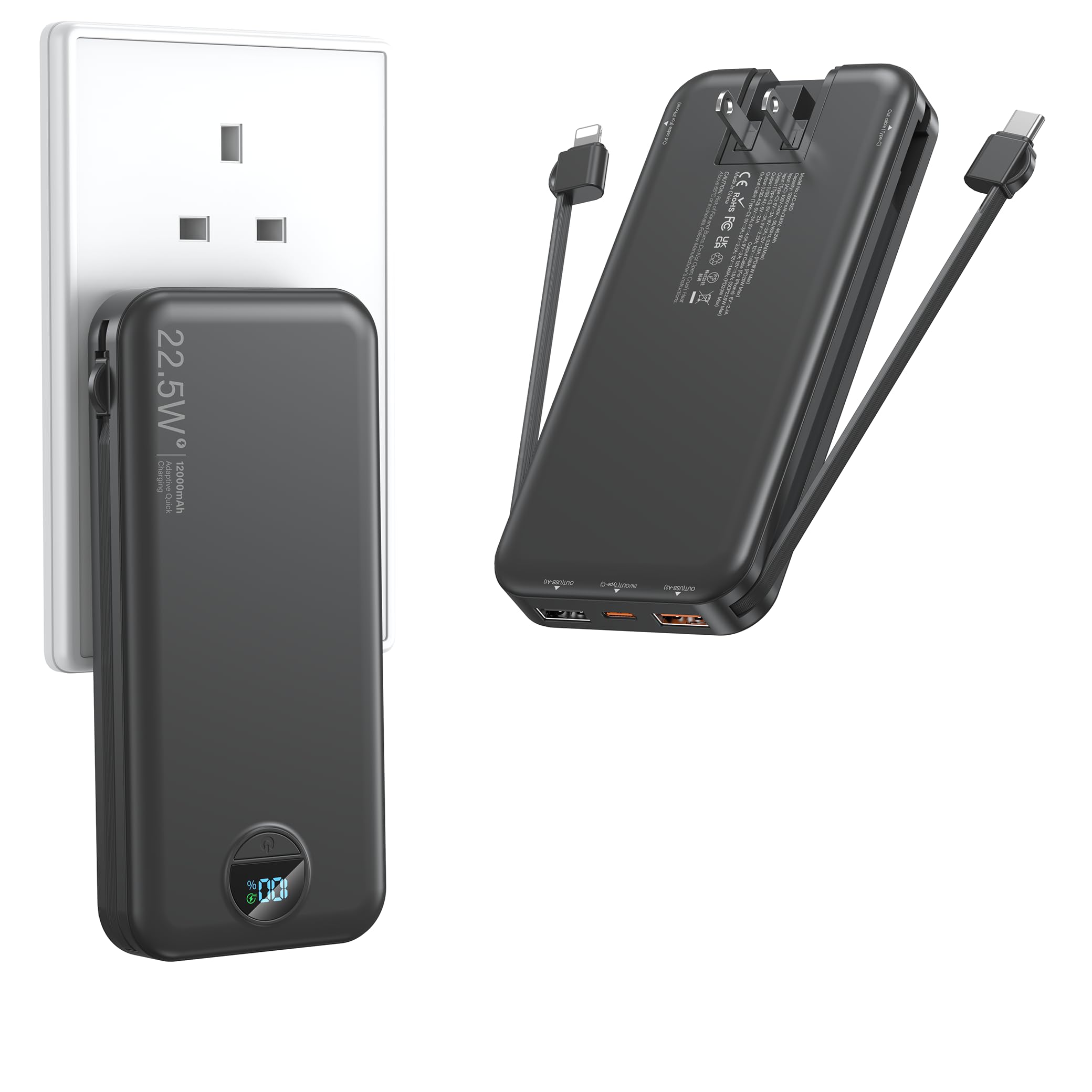 Portable Charger with Wall Plug 12000mAh USB C Power Bank Fast Charging External Battery Pack with Built in