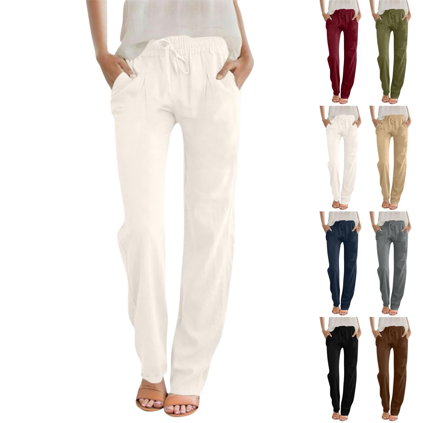 Linen Pants Women Summer Drawstring Straight Leg Pants High Waisted Loose Fit Casual Beach Trousers with Pockets