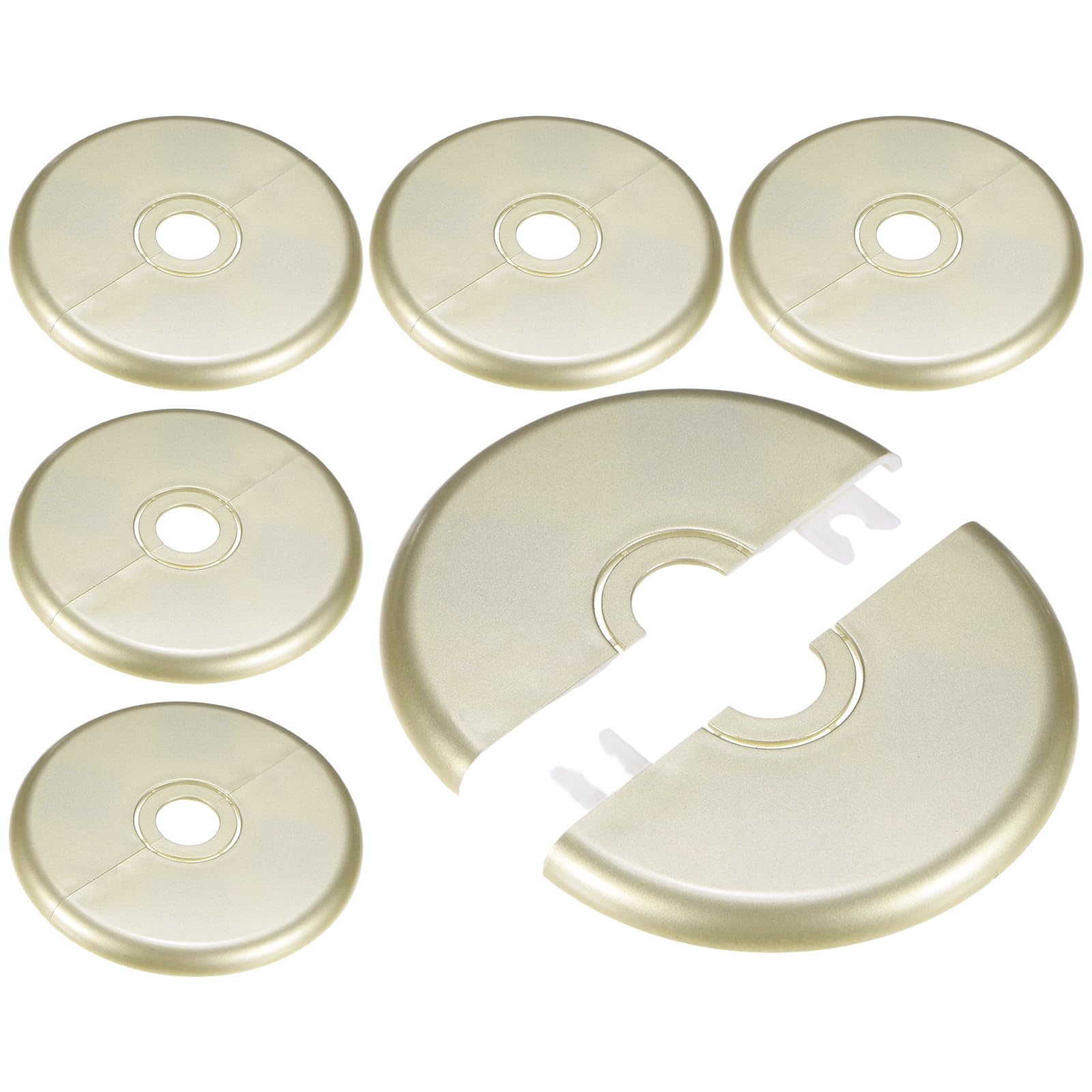 M METERXITY 6-Pack Wall Split Flange, 16mm[0.63"] to 26mm[1.02"] ID ABS Round Self-Adhesive Escutcheon Plate Cover Buckle for Pipe Accessories/Floor/Ceiling [Gold, 90mm 3.54" OD]