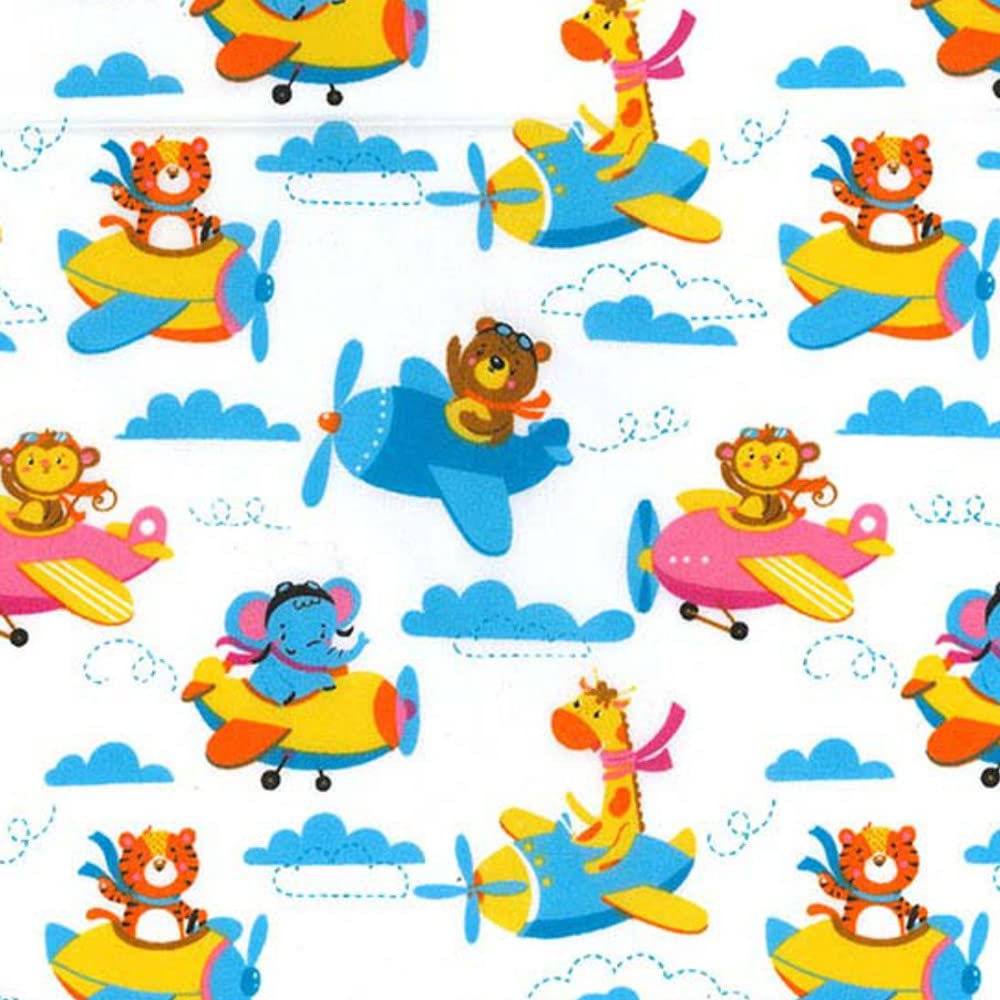 Oh Sew Crafty Limited Multi Polycotton Fabric Animals In Planes Clouds Nursery Bear Tiger (Per Metre)