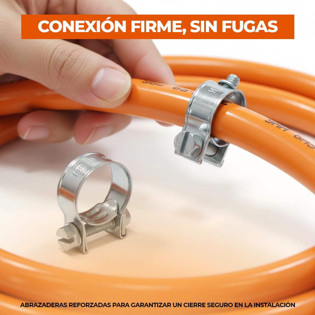 REPORSHOP - Kit Completo para Instalaciones de Gas Butano y Propano - Regulador de Gas con Caudal 2,5 kg/h - Tubo Manguera Butano 1,5 mt Diámetro 9-15 mm - 2 Abrazaderas