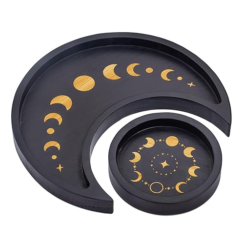 Mooncraftlogy Crescent Moon Tray Crystal Holder Set, Black Wooden Display for Stones Storage, Wicca Lunar Phases Organizer for Essential Oil Rocks, Altar Table Home