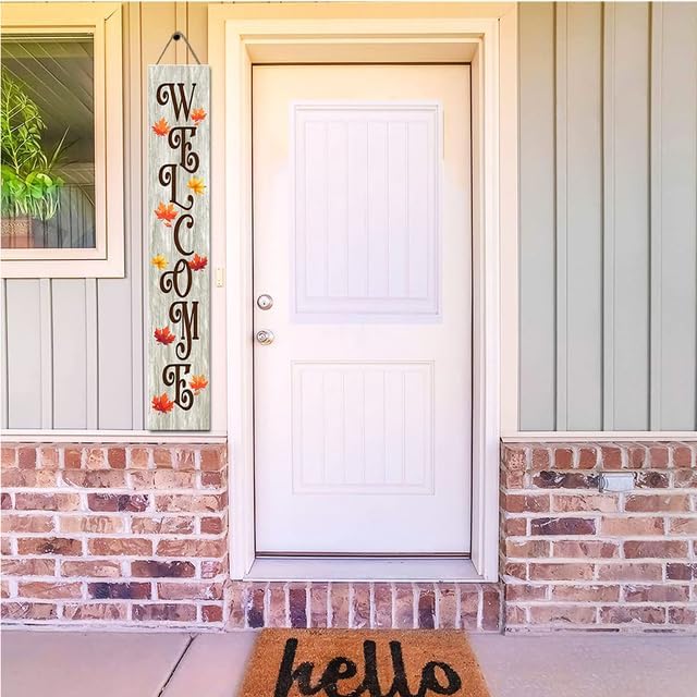 Fall Welcome Porch Sign Fall Wooden Signs For Front Porch Maple Leaf Pumpkin Indoor Outdoor Seasonal Hanging Front Door Thanksgiving Holiday Party Farmhouse Wall Decoration (48inx8in)