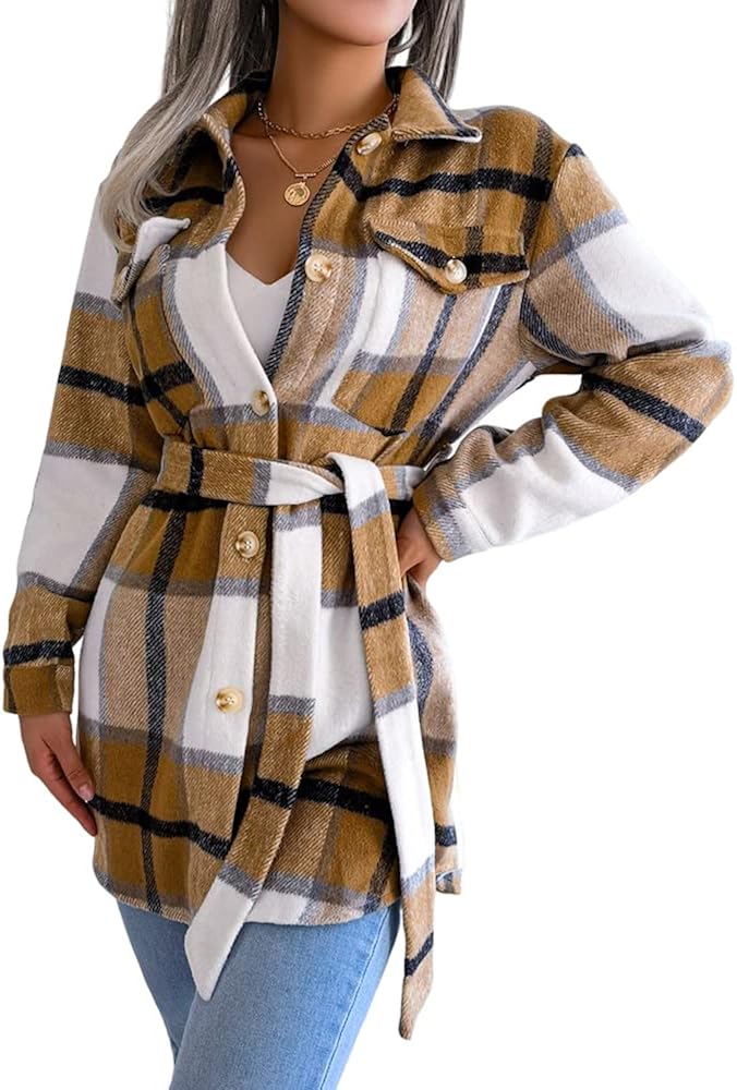 Mincib Women's Plaid Flannel Jacket Casual Thick Woolen Blend Lapel Coat Button Down Lapel Windbreaker with Belt