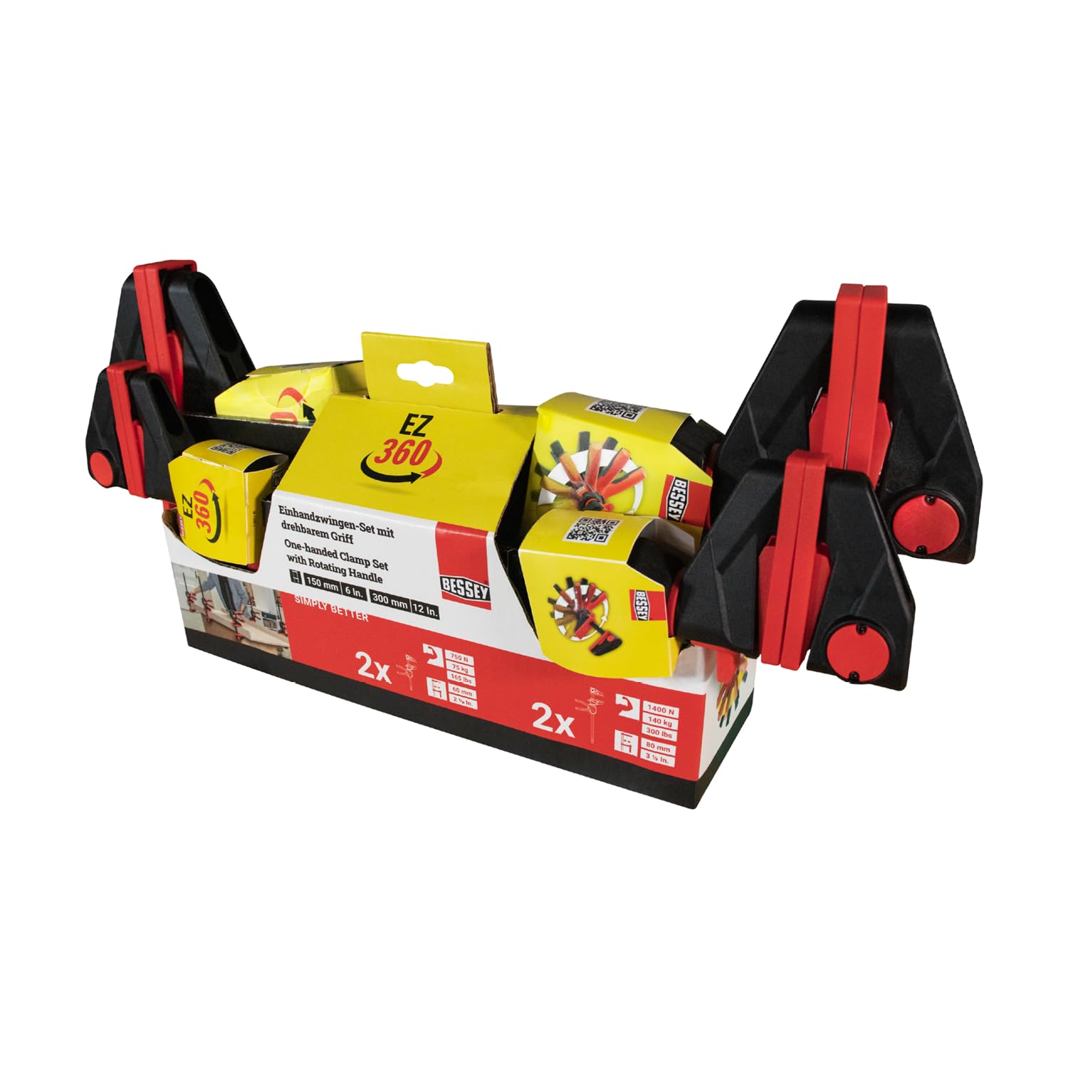 BESSEY Einhandzwingen-SET EZ360M-EZ360-SET, 2x EZ360M-15 und 2x EZ360-30, innovativer 360° Dreh-Mechanismus ermöglicht das Platzieren der Griffeinheit rund um die Schiene
