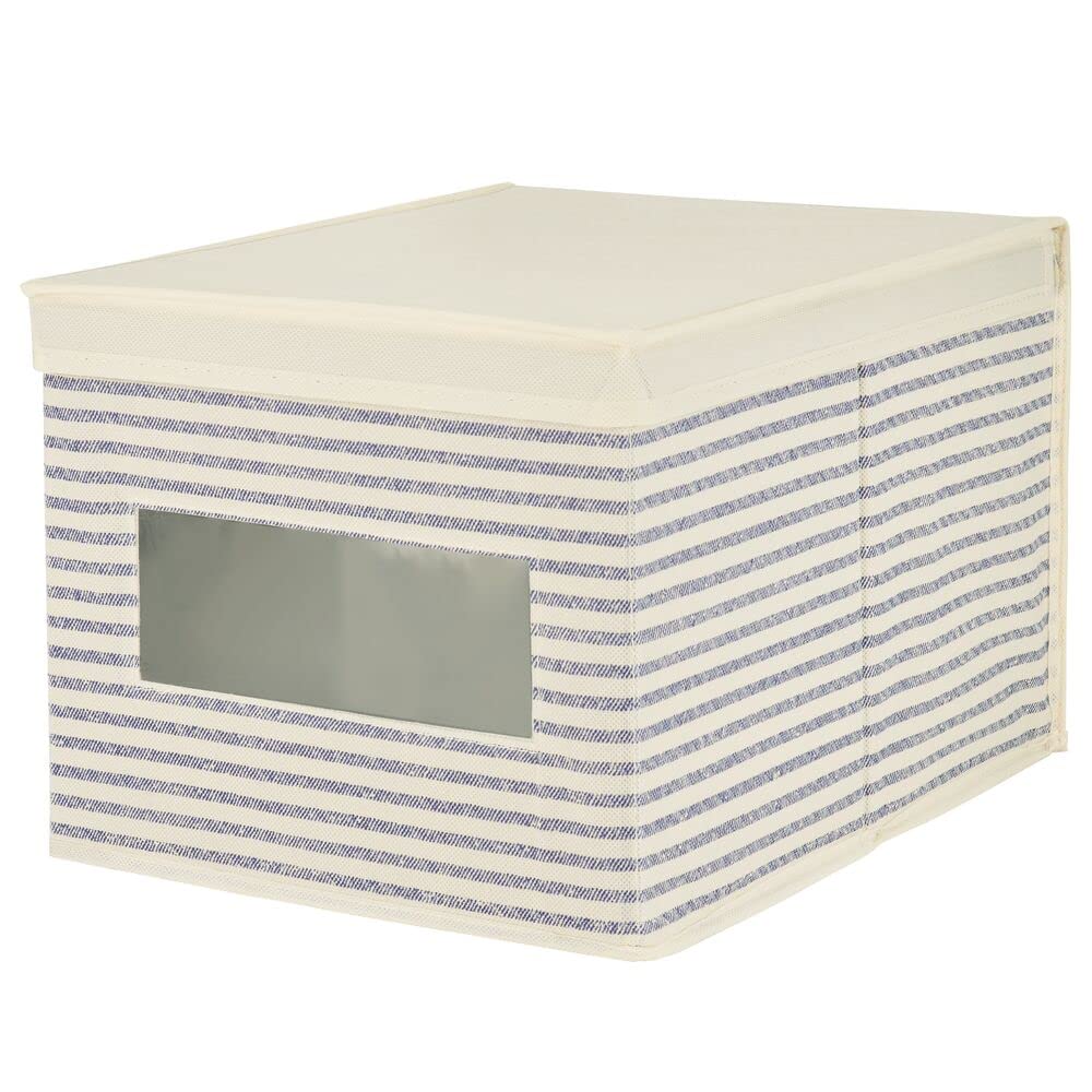 mDesign 6er-Set Stoffbox – praktische Aufbewahrungsbox mit Deckel und Sichtfenster für Schlaf-, Wohn- oder Badezimmer – stapelbare Schrankbox aus atmungsaktiver Kunstfaser – naturfarben/blau
