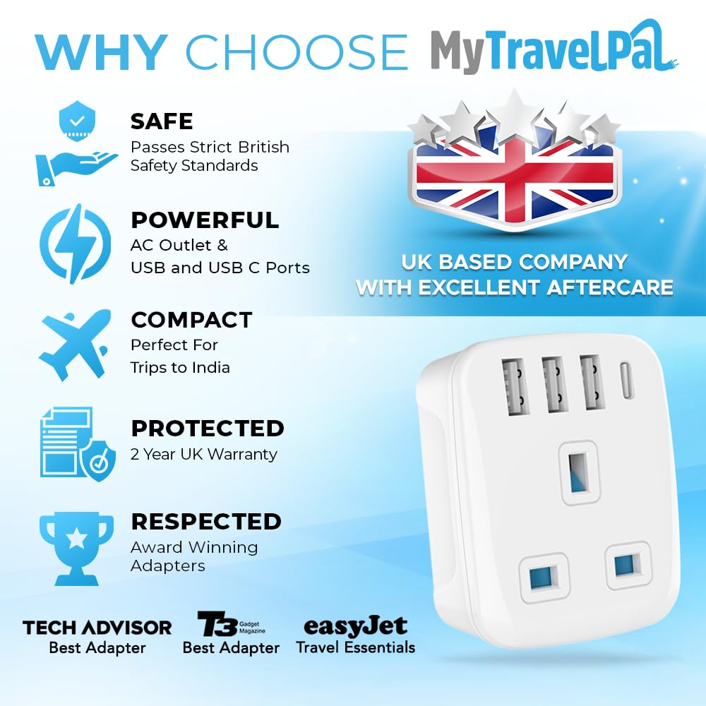MyTravelPal UK to India Plug Adapter with USB C, White - Image 4