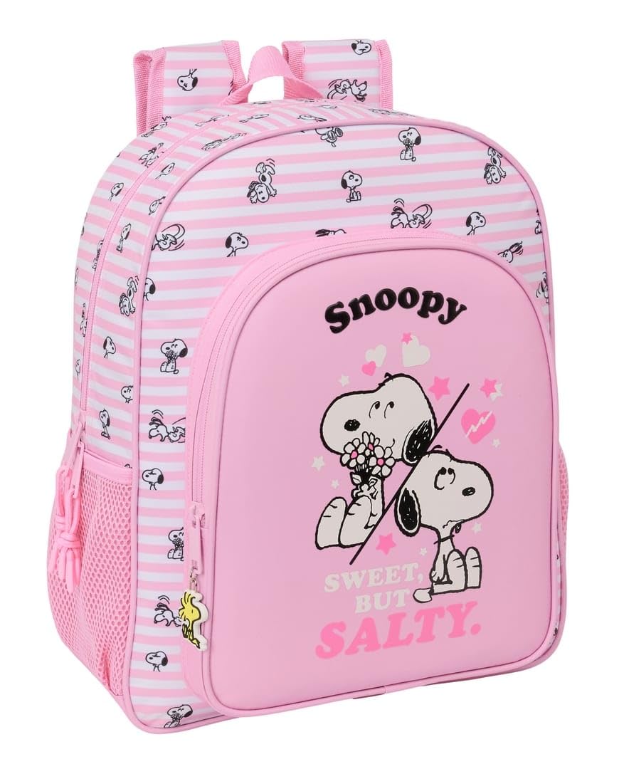 Safta | Mochila Escolar Junior Snoopy Adaptable a Carro, Ergonómica y Acolchada, Doble Tirador en Cremallera, Bolsillo Frontal Grande y Laterales Portabotellas, Rosa a Rayas, Medidas 32x12x38 cm