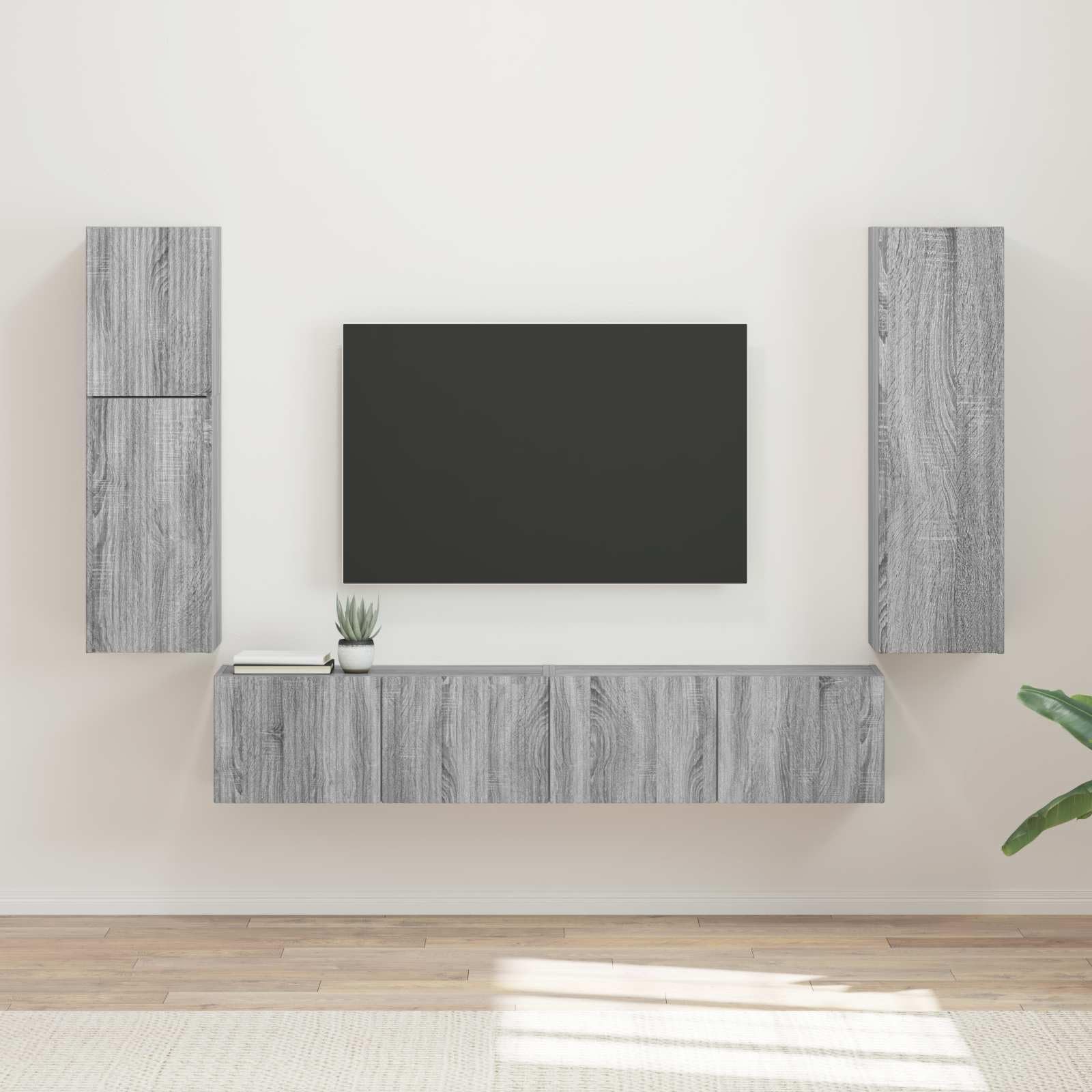 TV-Schrankset Wandmontiert 4-teilig, Graues Sonoma Holzwerkstoff, Modernes Media Center, Vielseitige Wohnzimmer Aufbewahrung