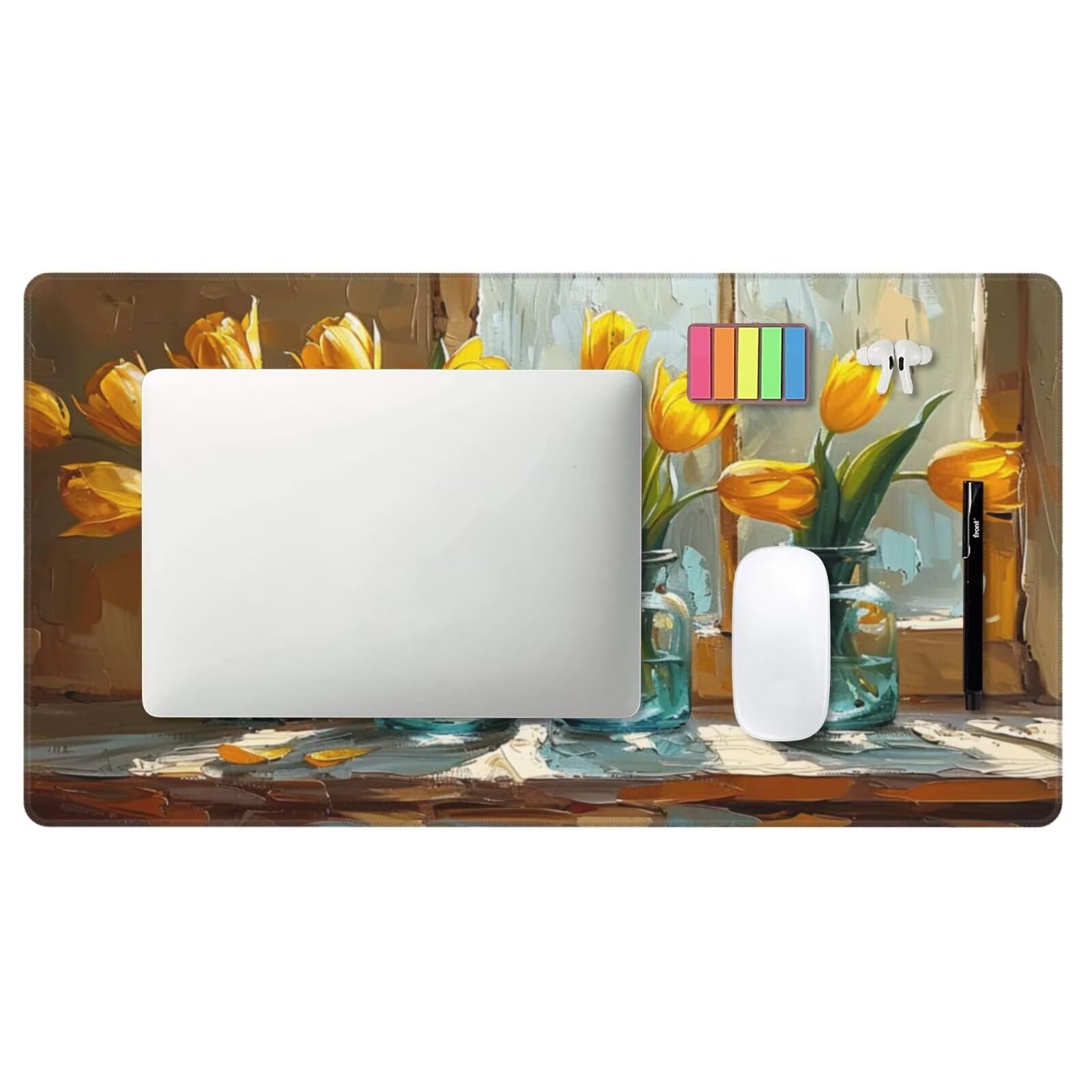 Alfombrilla de Ratón Gaming Grande XXL 1200x600x4mm con Bordes Cosidos, Tela de Micro Tejido, Base de Goma Antideslizante y Mouse Pad, para Teclado Escritorio, PC, Oficina Florero de Tulipanes Y6105