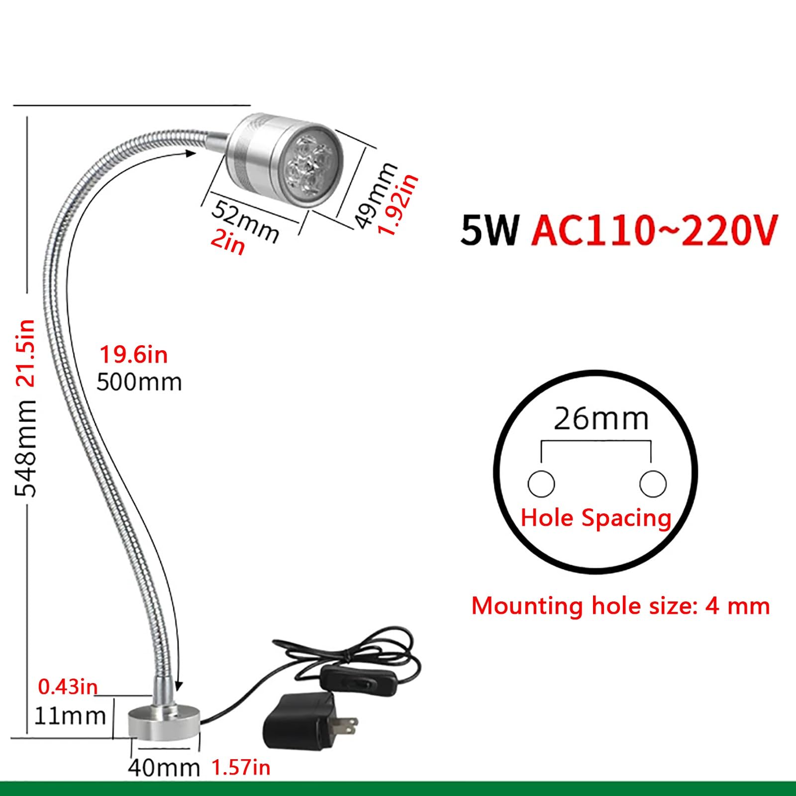 Lampada da Lavoro Industriale, Lampada per Macchine Utensili con Collo D'oca Flessibile e Base in Lega di Alluminio per Torni, Macchine da Cucire, Banchi da Lavoro(5W 110~220V)
