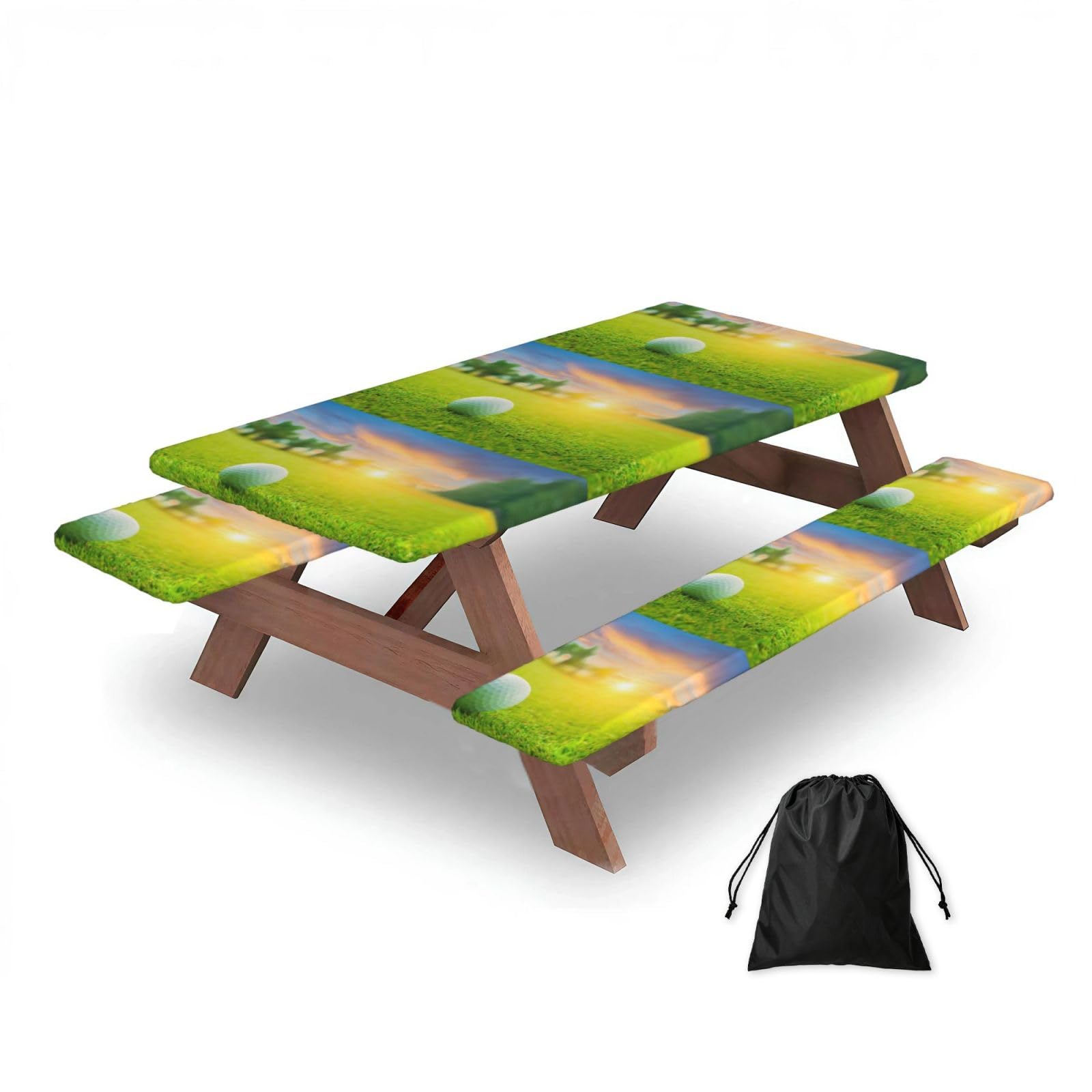 Dopklna As Picture Green Golf Ball Sunset Printed, Picnic Table Cover With Bench Covers -Waterproof Elastic Fitted Tablecloth For Garden Camping Patio 76X152cm