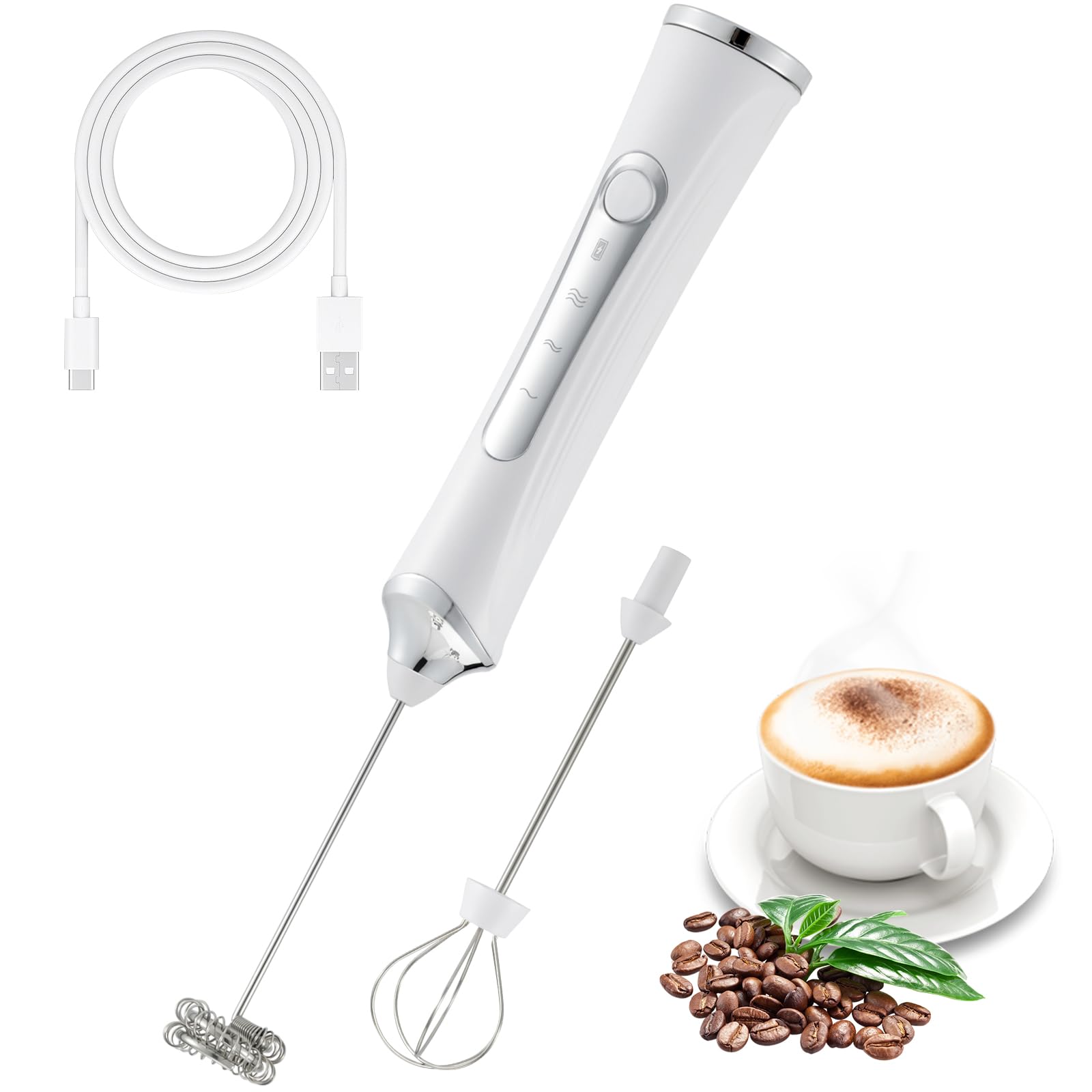 Montalatte elettrico portatile con 2 testine, frusta da caffè con miscelatore in schiuma ricaricabile USB a 3 velocità, frullatore per latte, cappuccino, cioccolata calda, uova