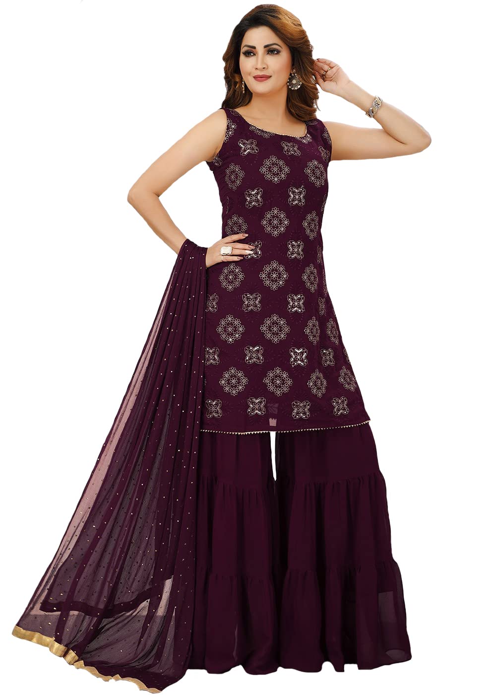 Xomantic Fashion Purple Readymade Sharara Suit With Sequins Work (Large, Wine)