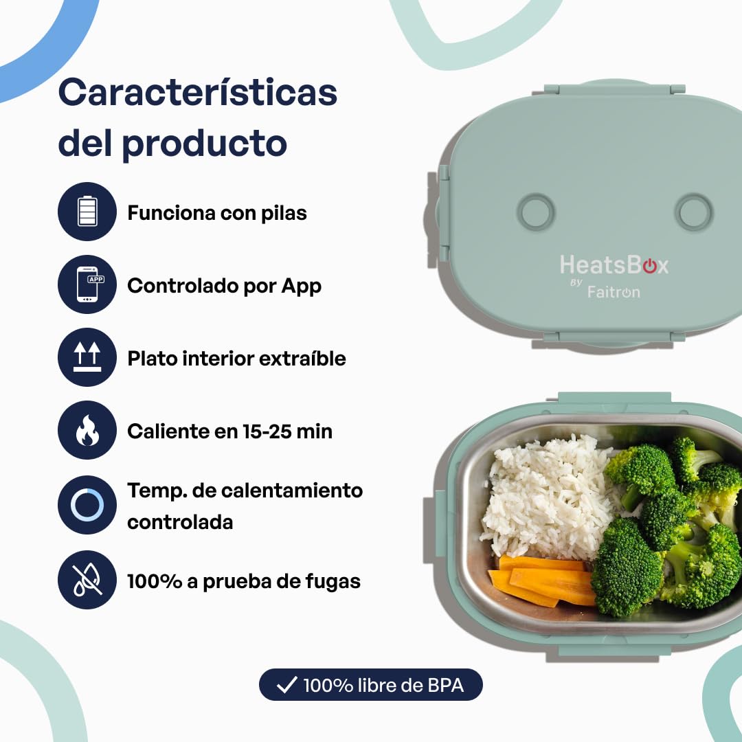 Faitron HeatsBox GO Kids: fiambrera autocalentable para niños, recipiente de acero inoxidable de 540 ml, batería integrada de 100 W y control mediante aplicación, calentador de alimentos portátil