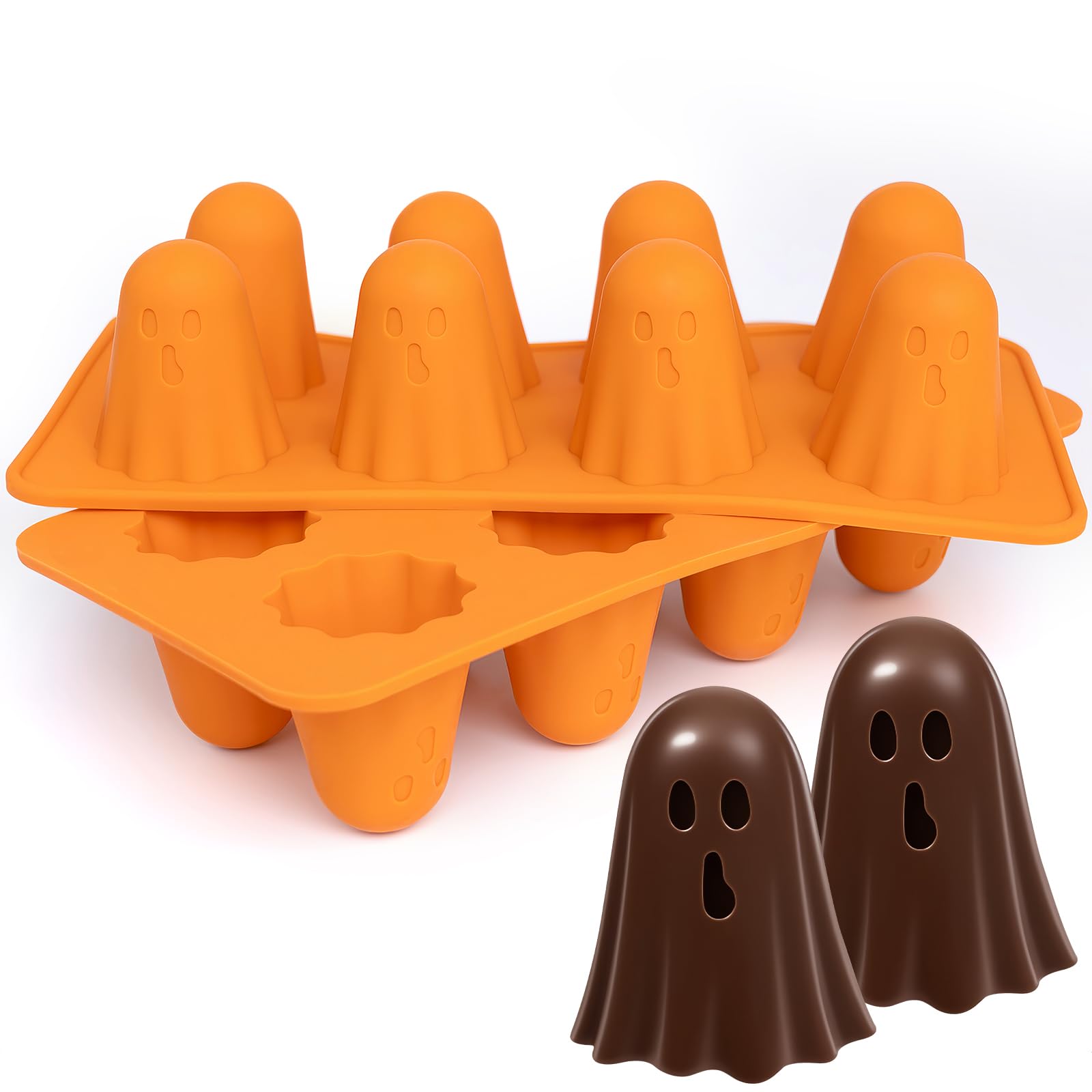 TAIANJI 2 Pcs Ghost Moulds Silicone, Halloween Chocolate Ghost Jelly Mould Ice Cube Shaped Baking for Interest Candy, Candles, Soap (8 Cavities)
