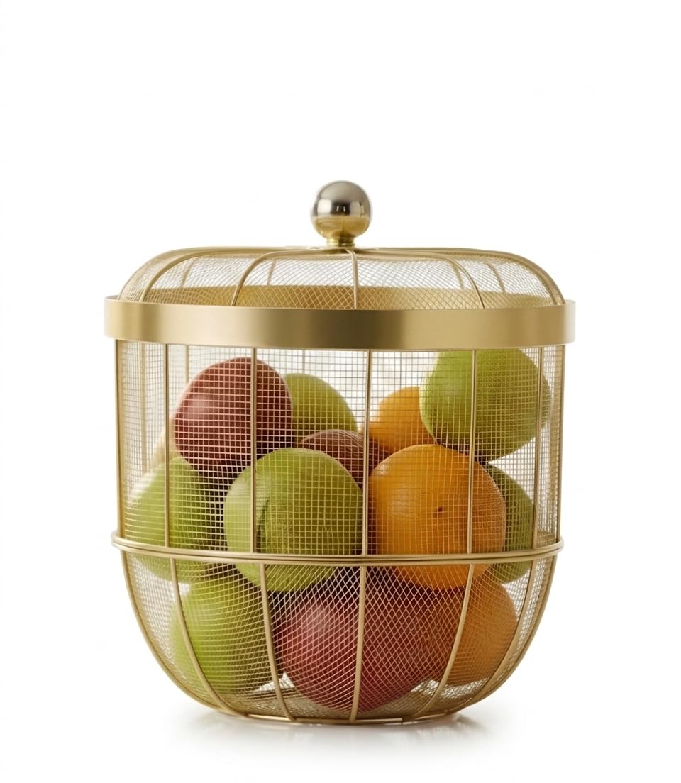 Gold Metal Fruit Basket with Lid, Decorative Mesh Fruit Bowl for Kitchen Countertop, Modern Storage Basket for Fruits, Vegetables, Bread & Snacks, Elegant Home Decor Organizer (Golden, Oval)-image-30