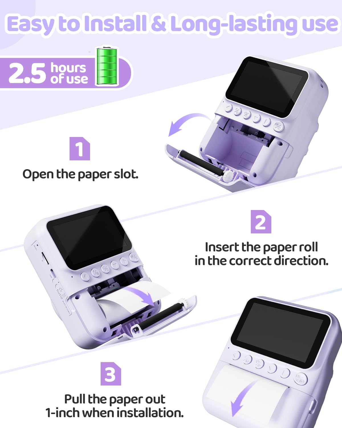 TIATUA Kinderkamera Sofortbildkamera, 48MP 3.0 Zoll Sofortbildkamera Kinder mit 32G Karte & 3 Rollen Druckpapier, Geschenke für Jungen & Mädchen von 3-12 Jahren (lila)