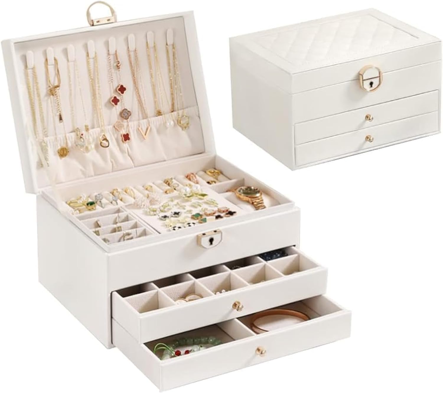 Jewelry Box 3 Layer Jewellery Organizer for Women Girls,Jewellery Storage Case with Lock and Removable Tray,for Necklace, Earrings, Bracelets, Rings (White)
