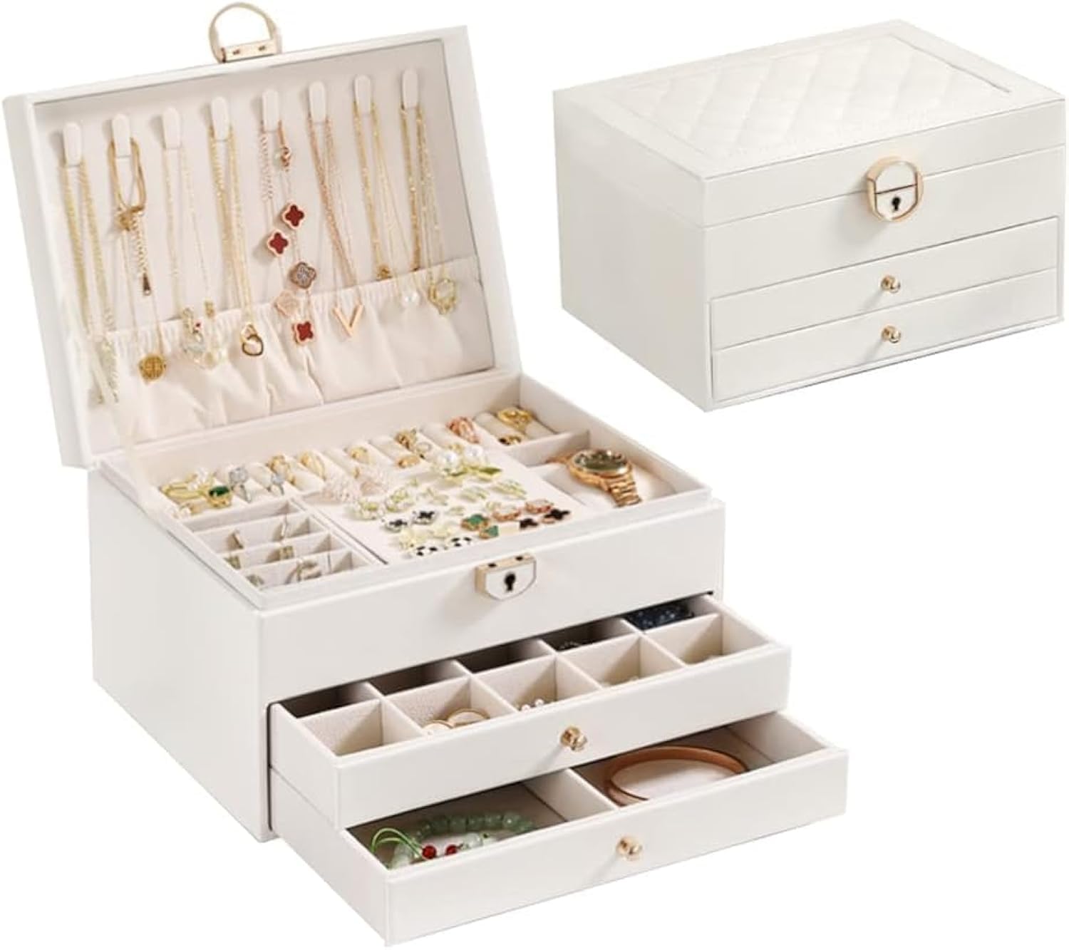 BSJIASHIWEI Jewelry Box 3 Layer Jewellery Organizer for Women Girls,Jewellery Storage Case with Lock and Removable Tray,for Necklace, Earrings, Bracelets, Rings (White)