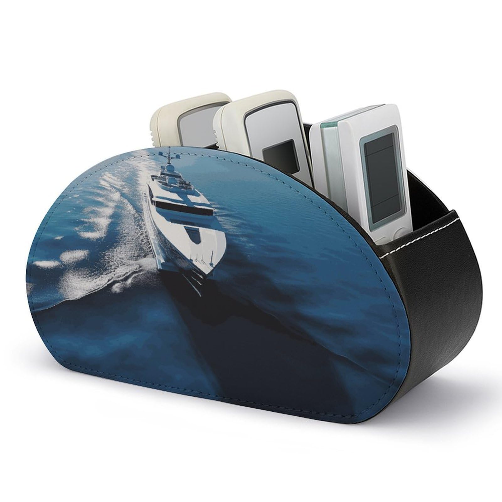 FekiLoot Yacht Remote Control Holder, PU Leather Remote Control Organizer Box Stationery Remote Control Box Desk Storage Organizer for DVDs,Glasses,Pens,Media Players