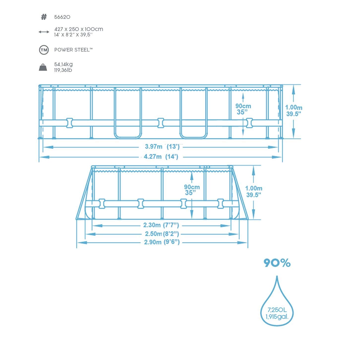 Bestway Power Steel 56620 basen z ramą, owalny, 7250 l, niebieski, szary, 90 cm, 1817 l/h)