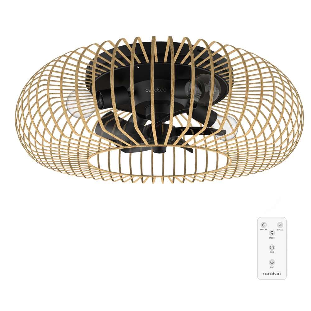 Cecotec Ventilador de Techo con Luz EnergySilence LampAero 600 Natural LightWood. 20W, Motor DC, Luz LED, 5 Aspas de 11", Mando, 3 Velocidades, Temporizador y Modo winter/summer