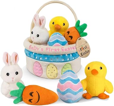 Babys First Easter Basket Stuffers Playset, 5ct Stuffed Plush Bunny Chick Carrot Egg for Babies Girls Boys Kids Infant Toddler, Personalized Easter Decorations Gifts Party Supplies