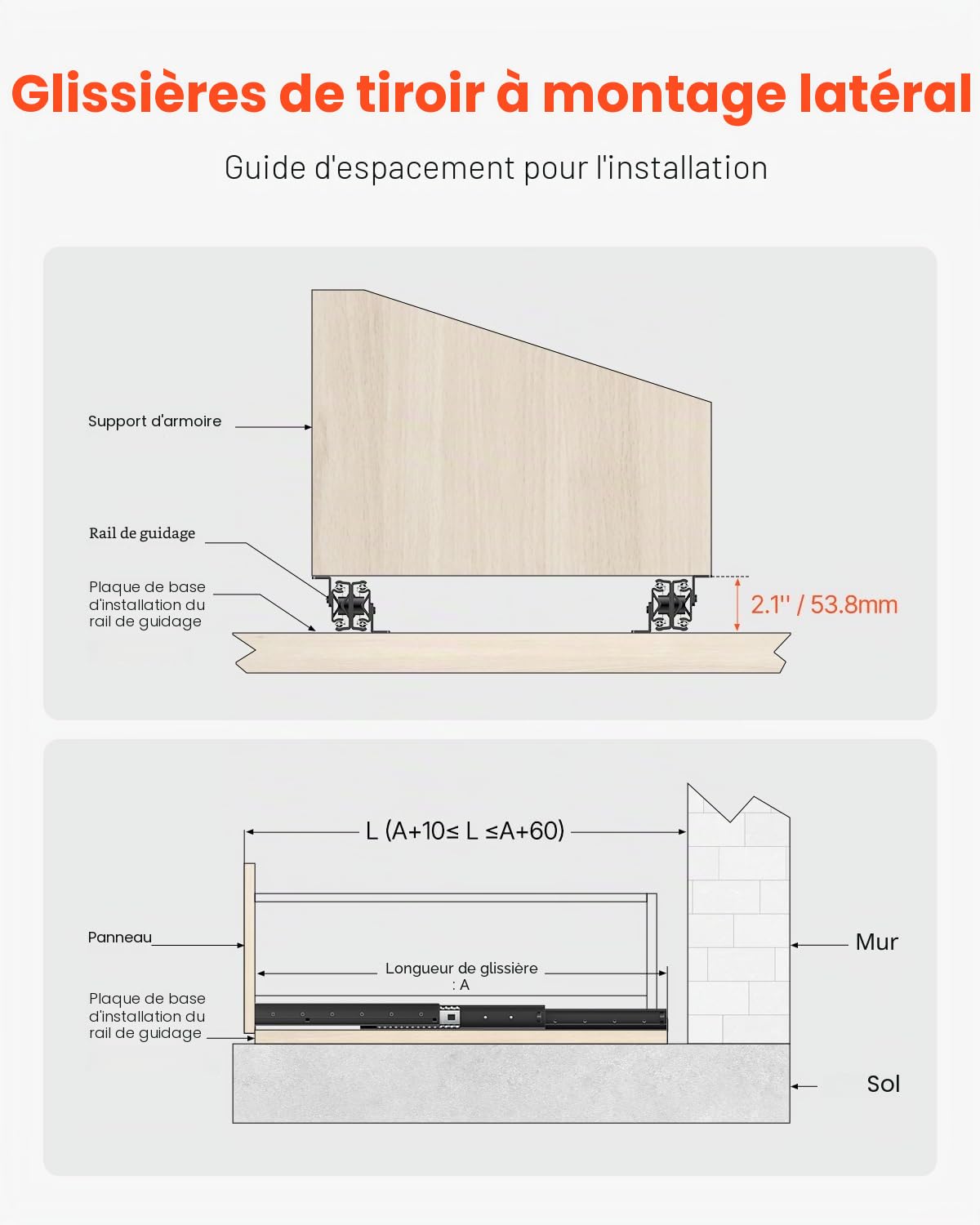 VEVOR Glissières de Tiroir sous Escalier, 1000 mm, Coulisses de Tiroir à Roulement à Billes Extension Complète, Capacité de Charge 117 kg, Rails d'Armoire Inférieur Robustes, pour Bricolage, Noir