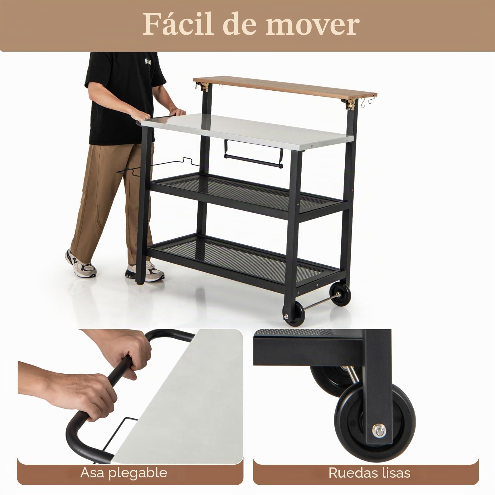 KOMFOTTEU Carro de Barbacoa con Tablero Plegable, Carrito de Servicio de 4 Niveles con 6 Ganchos, Toallero, Soporte para Bolsas de Basura, Carro para Parrilla de Metal con Ruedas