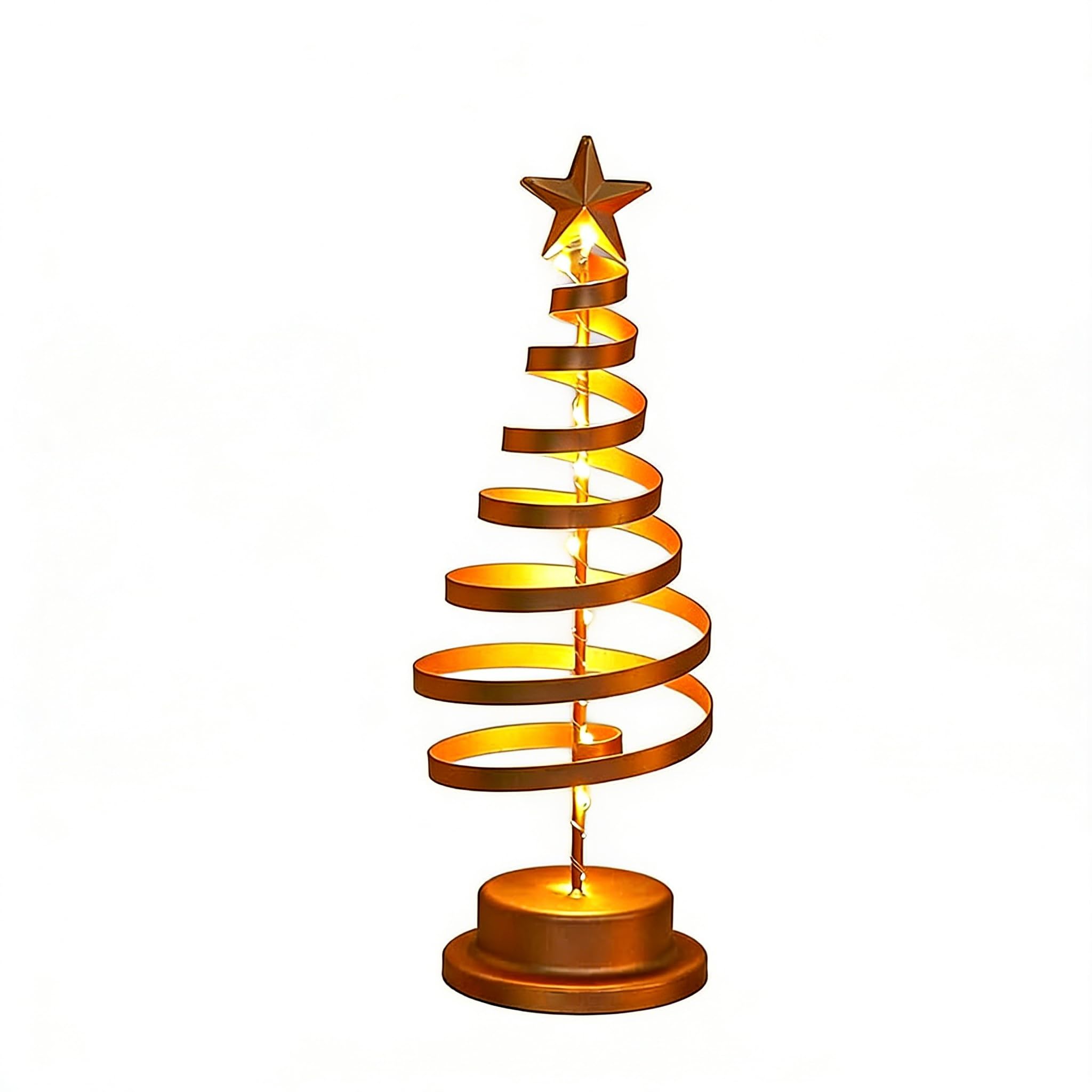 XVICO Christmas Tree Table Lamp Spiral Tree with Glittering Star Iron Battery Powered Gold Night Light for Table Centerpiece Mantle Holiday and Home Decoration
