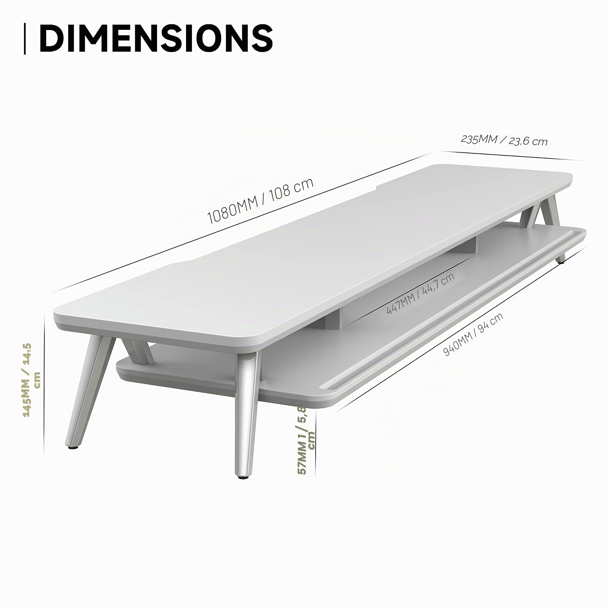 Rehausseur Écran Bureau en Bois et Métal avec Encoche pour Smartphone, Tablette et Stylo, 108cm, Blanc