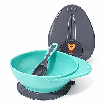 Suction Feeding Bowl 200 ml with Lid Spoon I BPA Free-Food Grade Material I Strong Silicone Suction I Quick Release Tab I Prevent Messes I Travel Friendly with Spoon Slot I Aqua Green