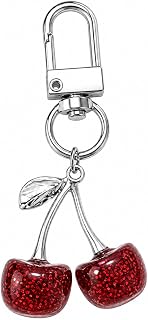 Fruit Keychain – Cherry Keychains Bag Charms for Women with Silver Leaves, Cute Key Chains Gifts for Fruits Lovers, Girls, Wife, Students and Family