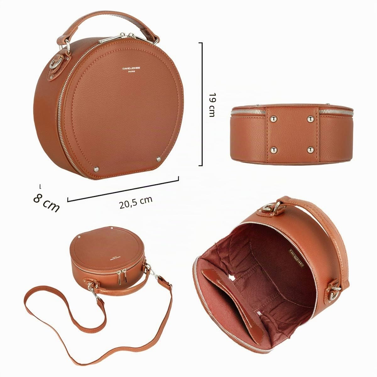 David Jones - Bolso Bandolera Redondo Mujer - Bolsos de Hombro Circular Cuero Piel PU - Bolso de Mano Pequeños Asa Superior - Mensajero Cruazado Crossbody Bag - Pochette Elegante Señora - Marrón Camel