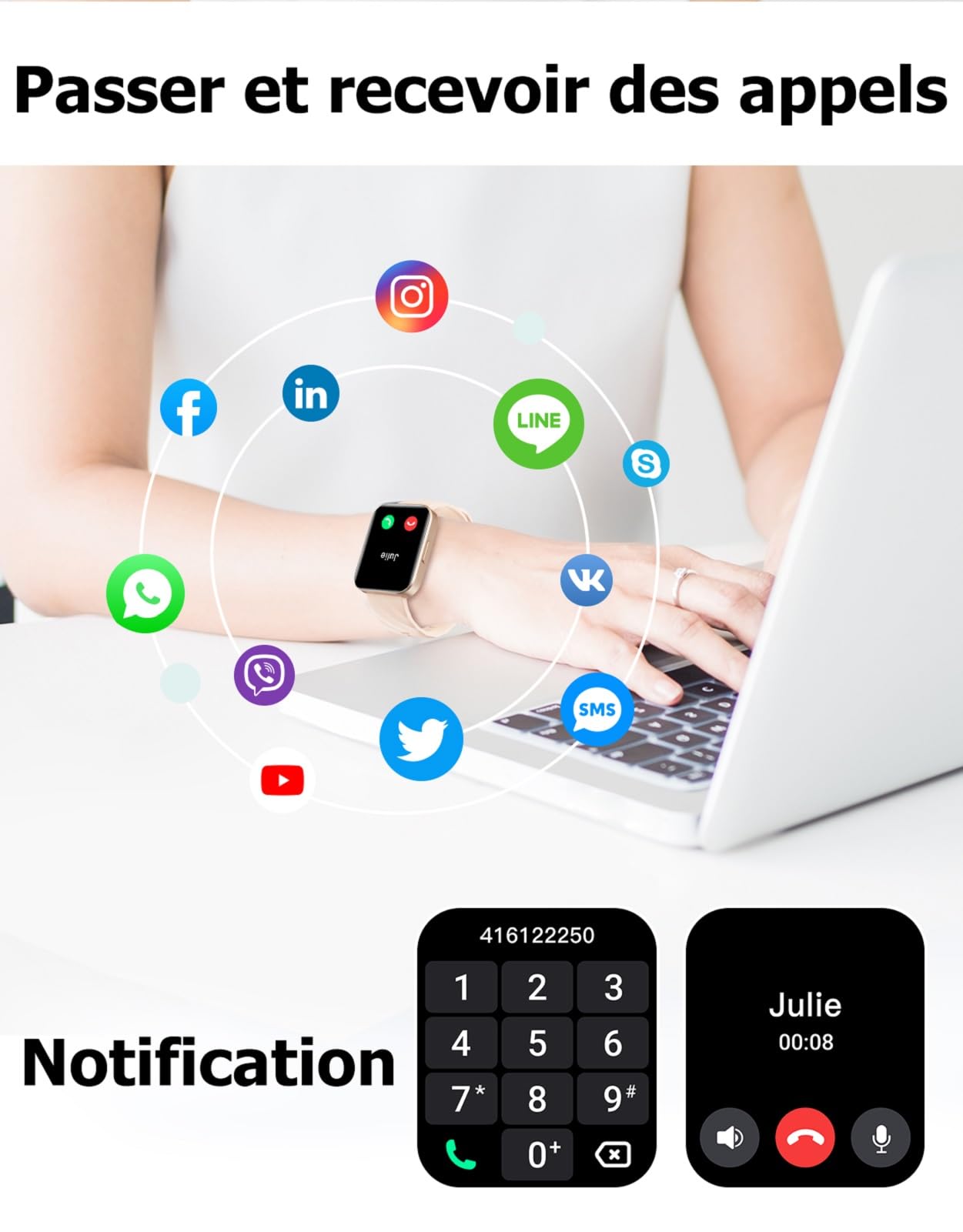 Montre Connectée Femme Appel Bluetooth Podometre Cardiofrequencemetre Oxymetre Montre Sport Etanche IP68 Cycle Menstruel Suivi Sommeil Calories Notification pour Samsung iPhone Xiaomi Android iOS Rose