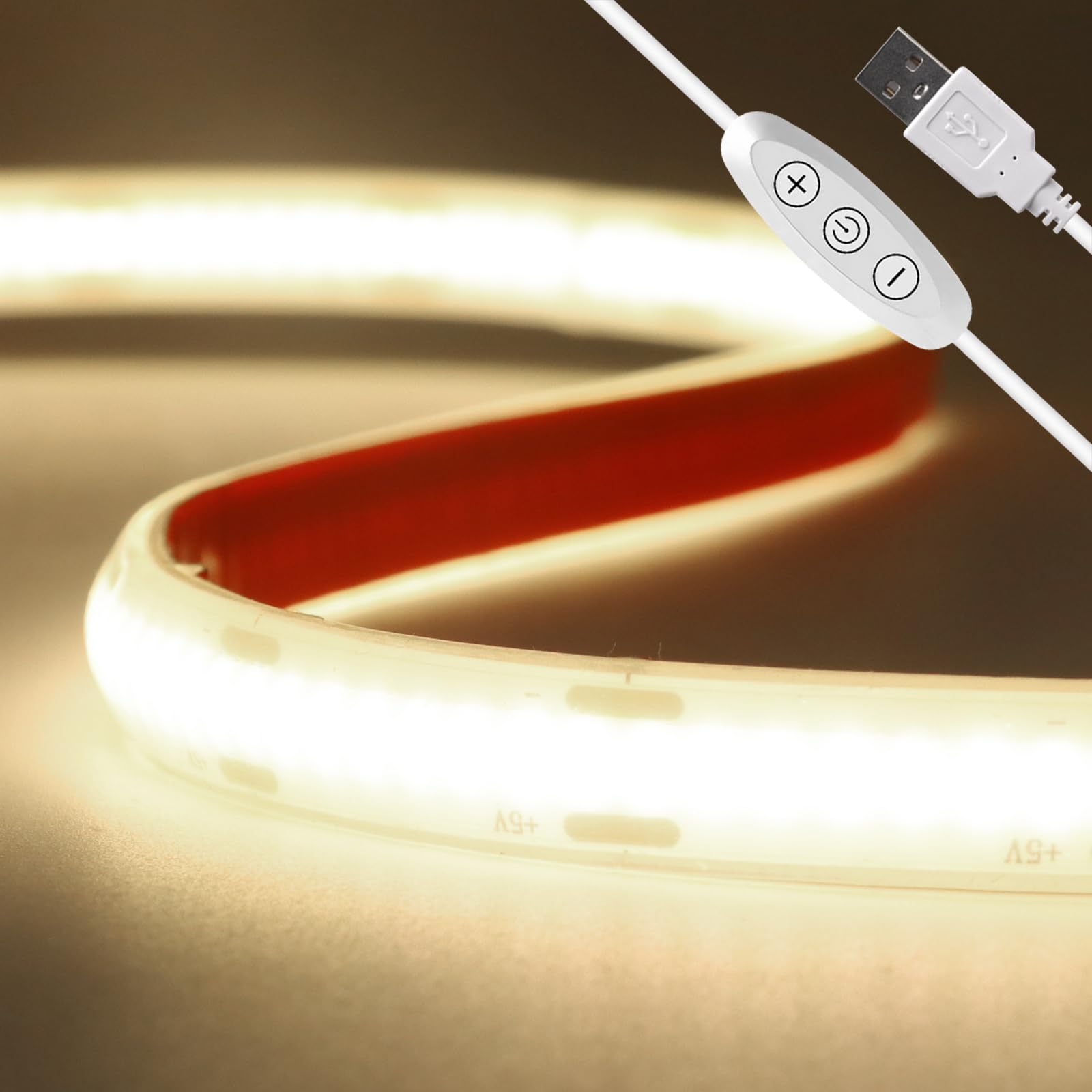 KAFULA 5V Dimmable COB LED Light Strip Self-Adhesive, USB Powered, 320 LEDs/m IP68 Waterproof Flexible Super Bright FCOB LED Fairy Light CRI90+, 0.5M Natural White 4000K
