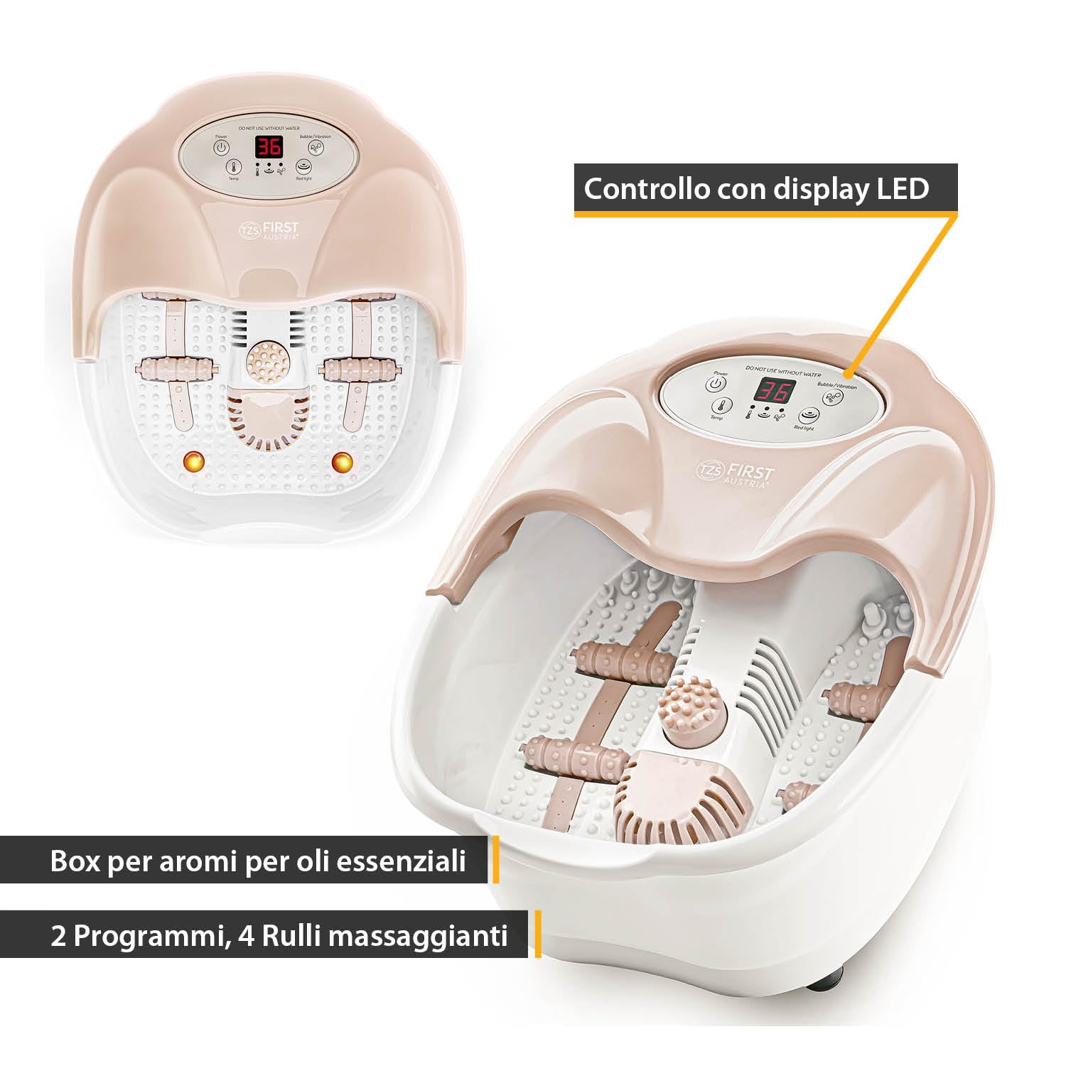 TZS First Austria - Pediluvio Massaggiatore Digitale - 450W - Display LED & Luce Rossa - Fino al Numero 43 - Idromassaggio Plantare Elettrico - 3 Accessori, Protezione Antischizzo & Box Aroma - Beige
