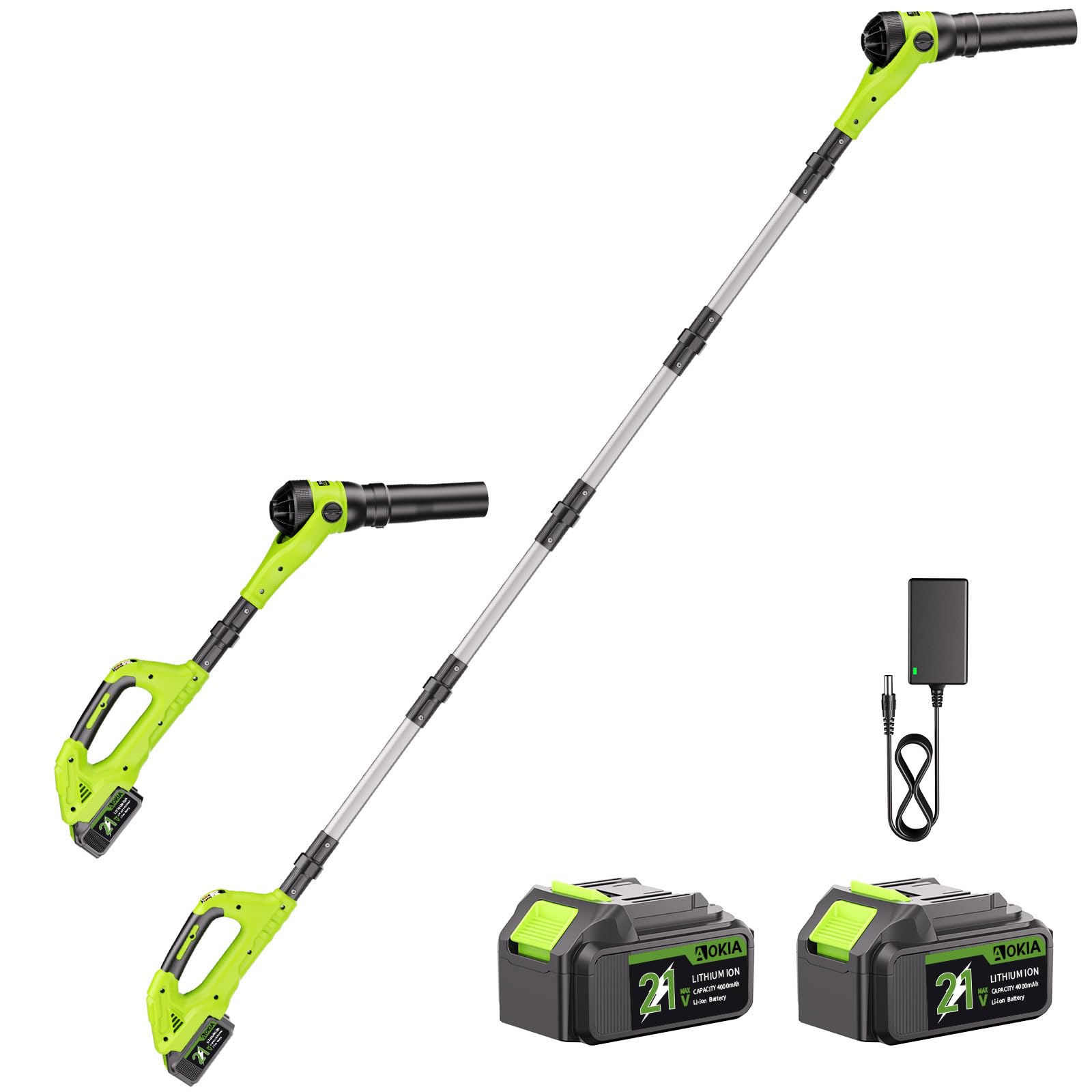 AOKIA Soplador de Hojas a Batería con Tubo Telescópico de 2 m & 2×4000 mAh, Ligero, 290 km/h & 985 m³/h, Modo Turbo, Soplador Inalámbrico para Jardín, Nieve, Hojas y Polvo