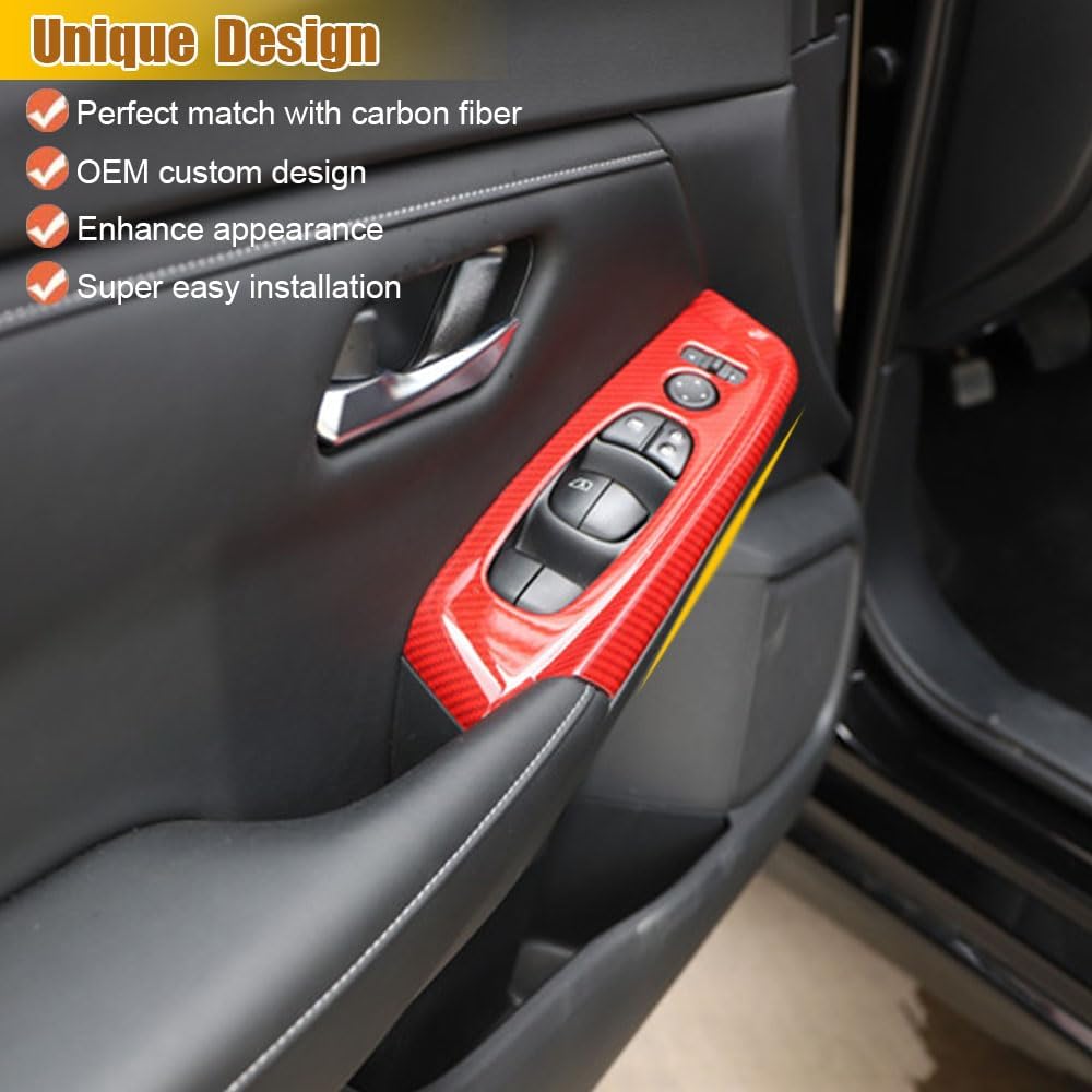 LEXLEY 4pcs Red Carbon Fiber Style Window Lift Trim Switch Panel Cover Trim Interior Accessories Compatible with Nissan 2020 2021 2022 2023 2024 2025 Sentra