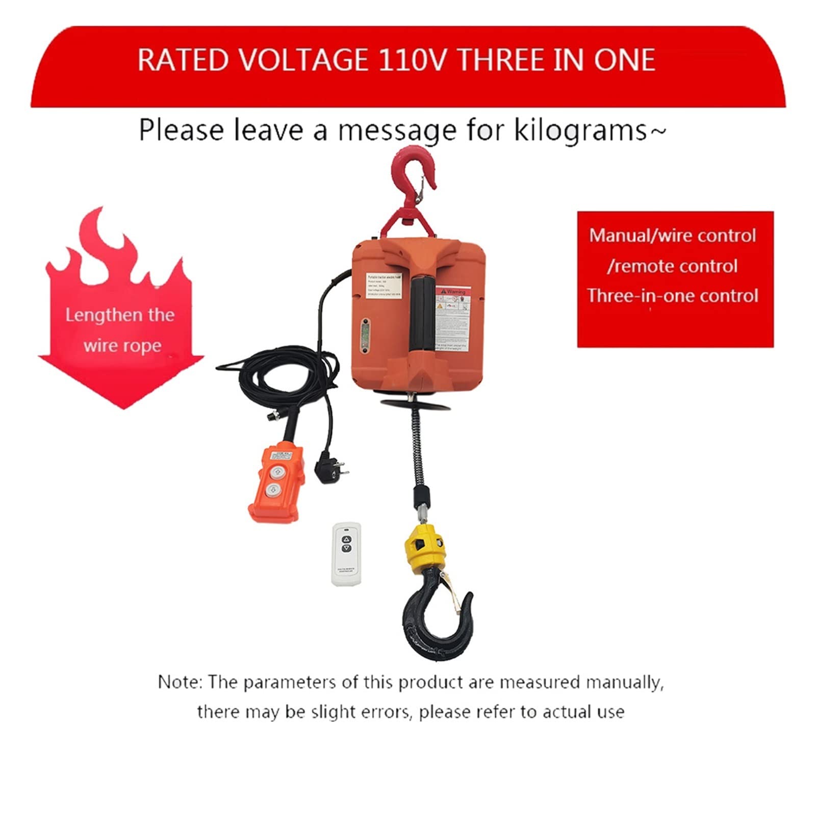 Polipasto eléctrico de 500KG, cabrestante Manual portátil, Bloque tracción, Cable Acero, Cuerda elevación, Remolque(US,3 in 1)